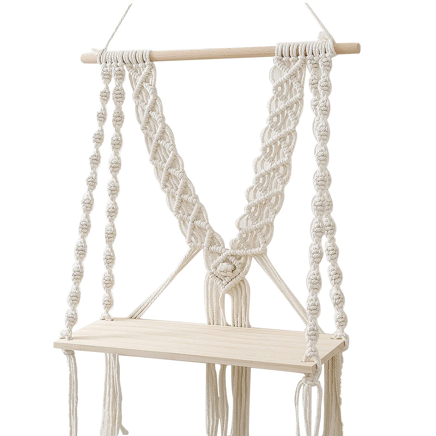 Kaahira Boho Handmade Macrame Decorative Wooden Wall Mounted Hanging Home Decors Storage Floating Shelf For Books And Planters L