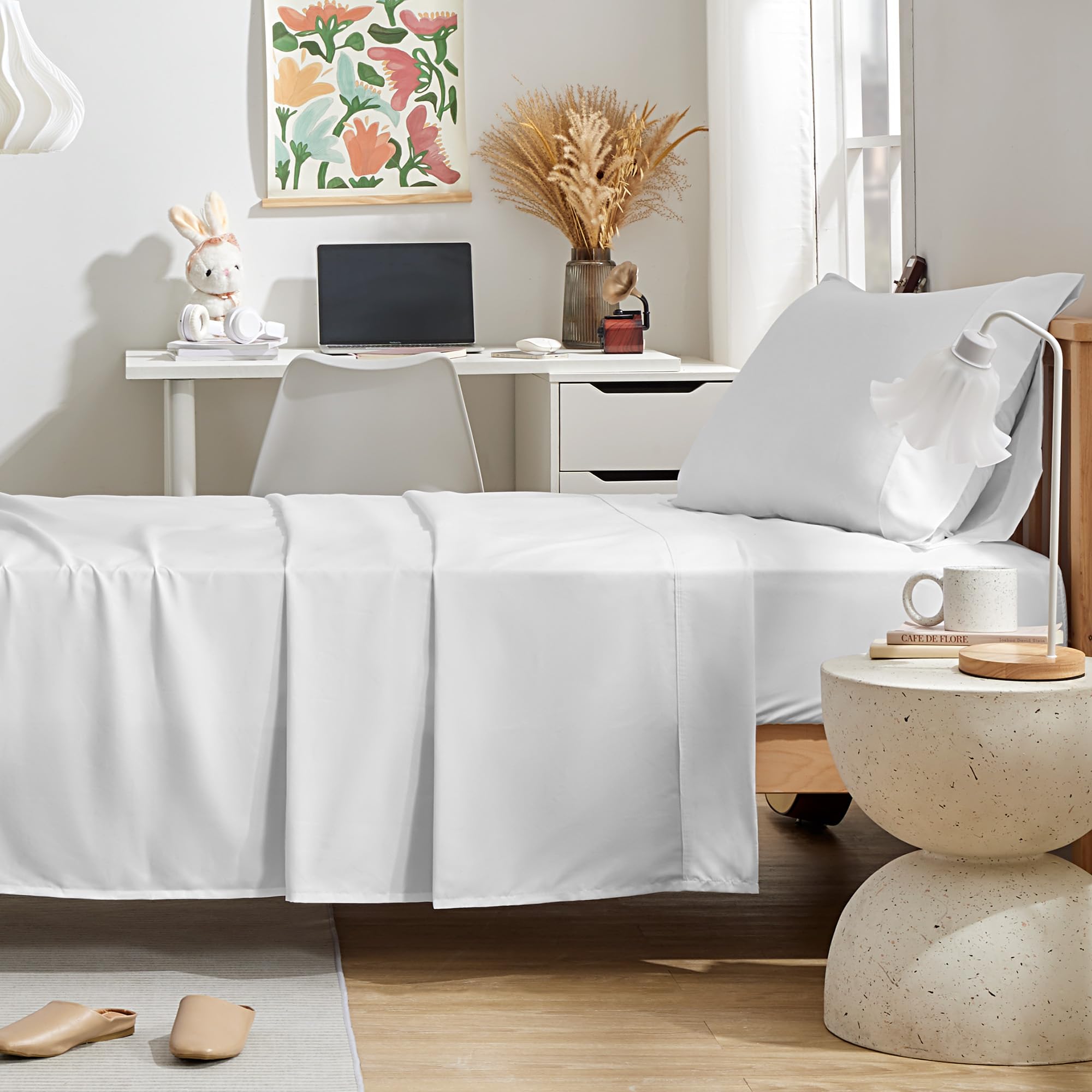 Sleep Zone Nanotex Super Soft Cooling Twin Bed Sheets Set For Kids 3 Piece - Easy Care Fitted Flat Sheet & Pillowcase Sets - Wrinkle Free, Fade Resistant, Deep Pocket 16' (White, Twin)