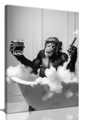 OIQArtOIQ Framed Bathroom Decor Wall Art Funny Chimpanzee in Bathtub Canvas Painting Prints Black and White Humor Animal Picture