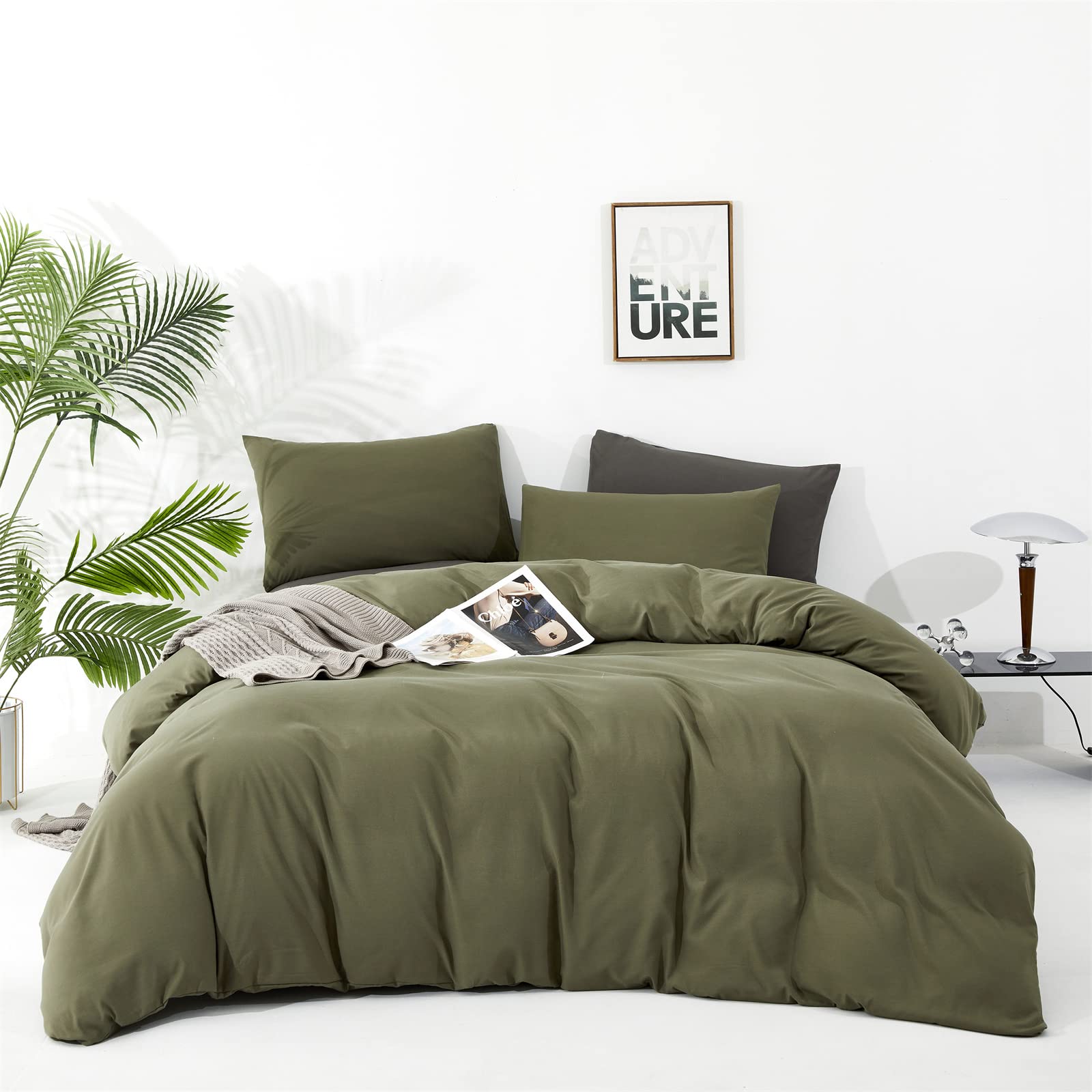 Karever Olive Green Comforter Set Queen Size Solid Green Comforter 3 Pieces Soft Dark Green Queen Comforter Bedding Set Women Pu