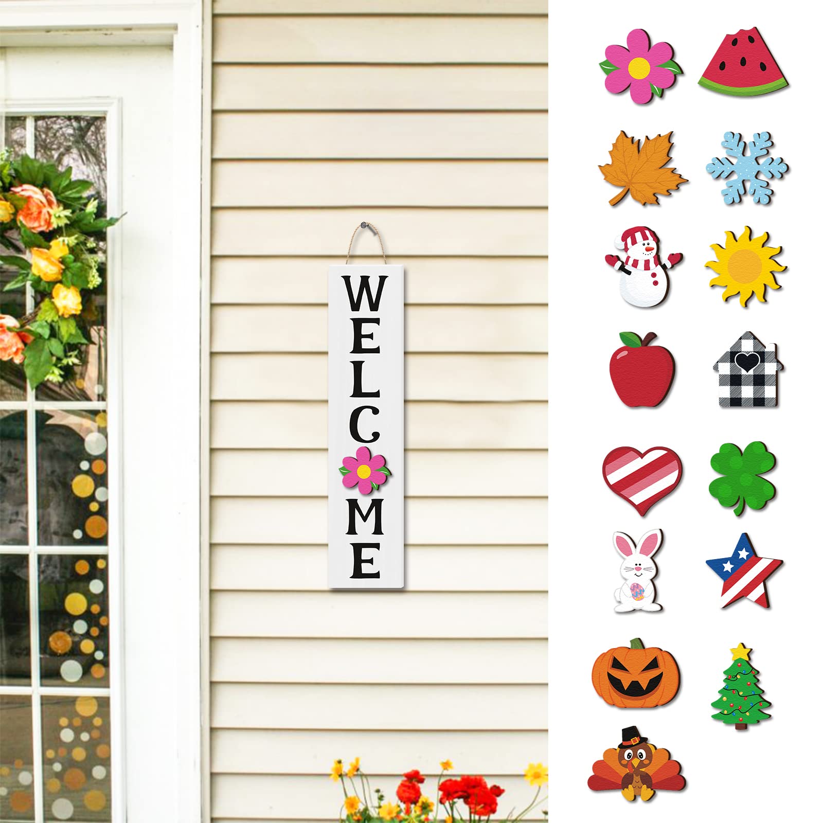 Interchangeable Mini Welcome Vertical Door Sign Wooden Indoor Outdoor Hanger with 15 Pcs Seasonal Replaceable Ornaments Rustic F