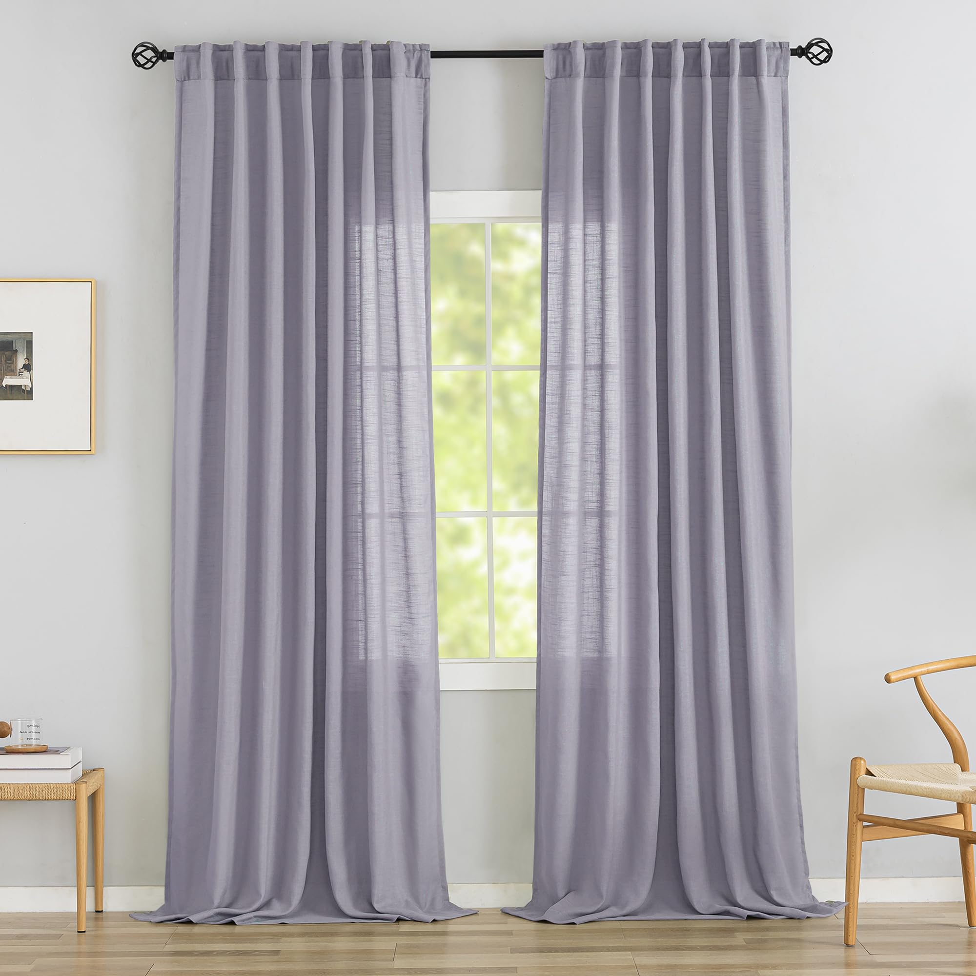 Lavender Purple Linen Back Tab Curtains 108 Inches Long Ceiling To Floor For Large Windows,2 Panels Set Hooks Belt Pinch Pleated Easy Sliding Curtains Light Filtering Semi Sheer Drapres 52 X 108 Inch