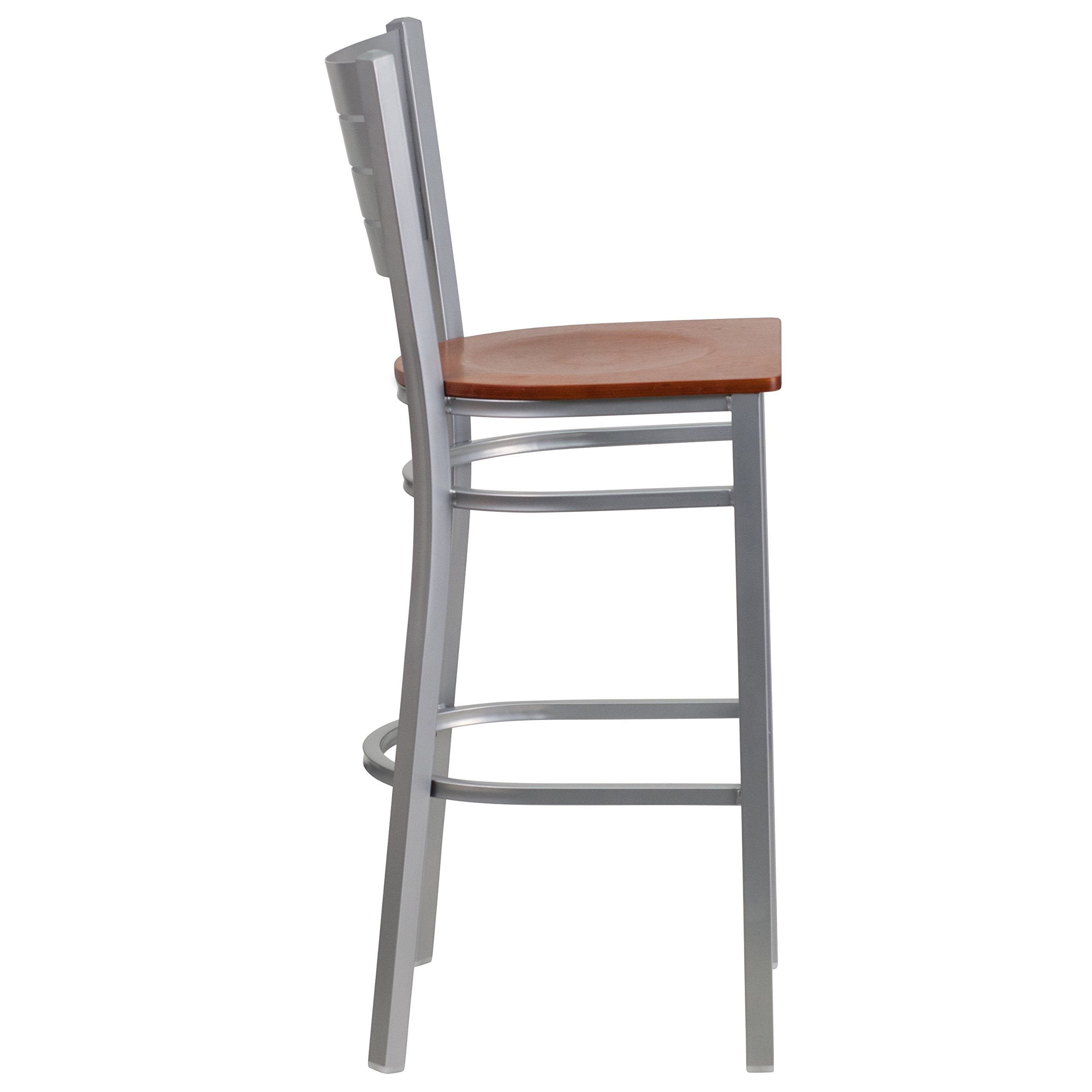 Flash Furniture Hercules Series Silver Slat Back Metal Restaurant Barstool - Cherry Wood Seat