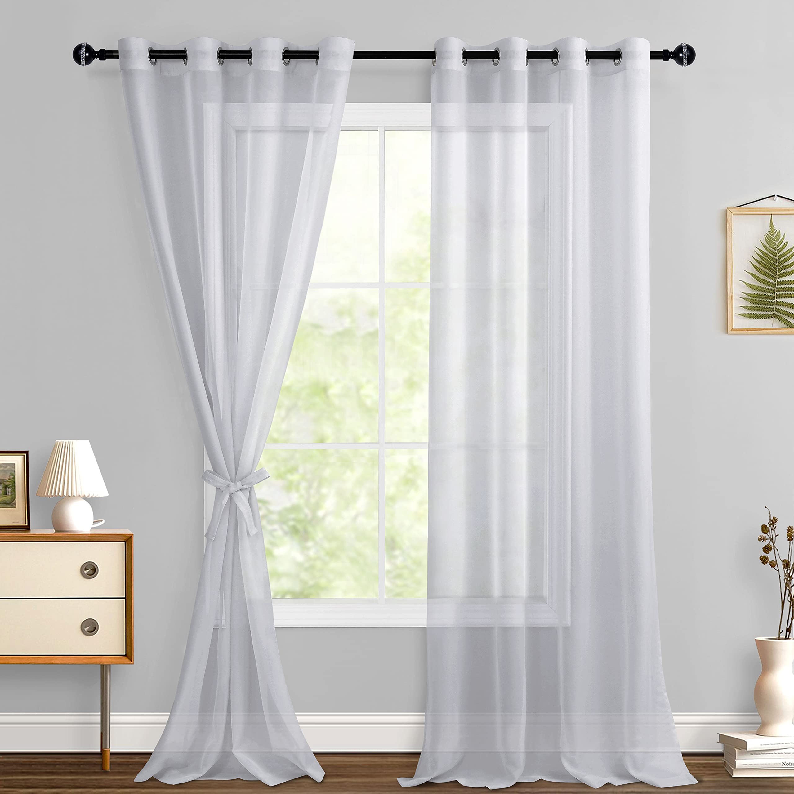Hiasan Sheer Curtains 90 Inches Long With Tiebacks, Light Filtering Breathable Voile Drape Lightweight Grommet Window Curtains For Bedroom, Living Room, Grey, W70 X L90, Set Of 2 Panels