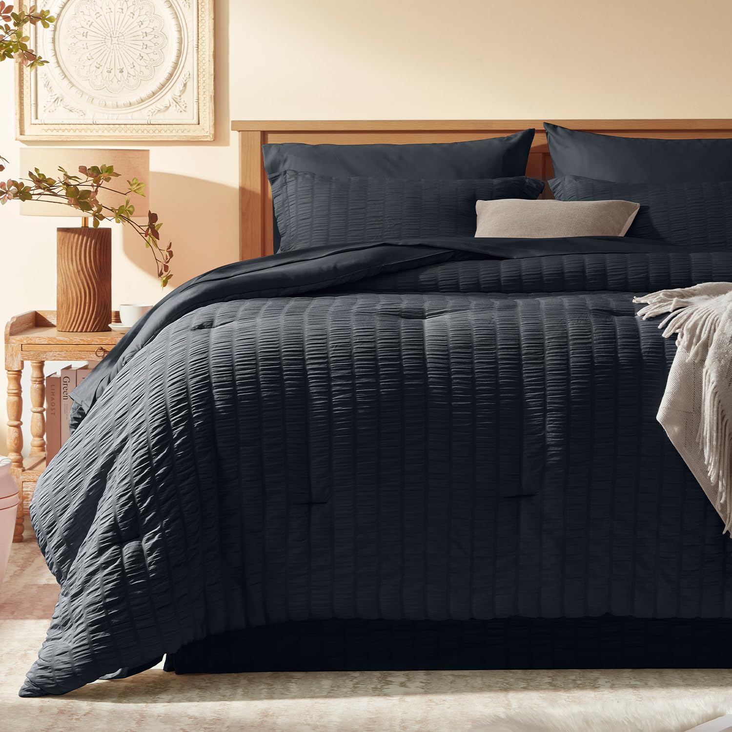 Laojin Balhen Queen Comforter Set 8 Pieces, Seersucker Bed In A Bag Queen, Black Comforter With Sheets, Comforters Queen Size Be