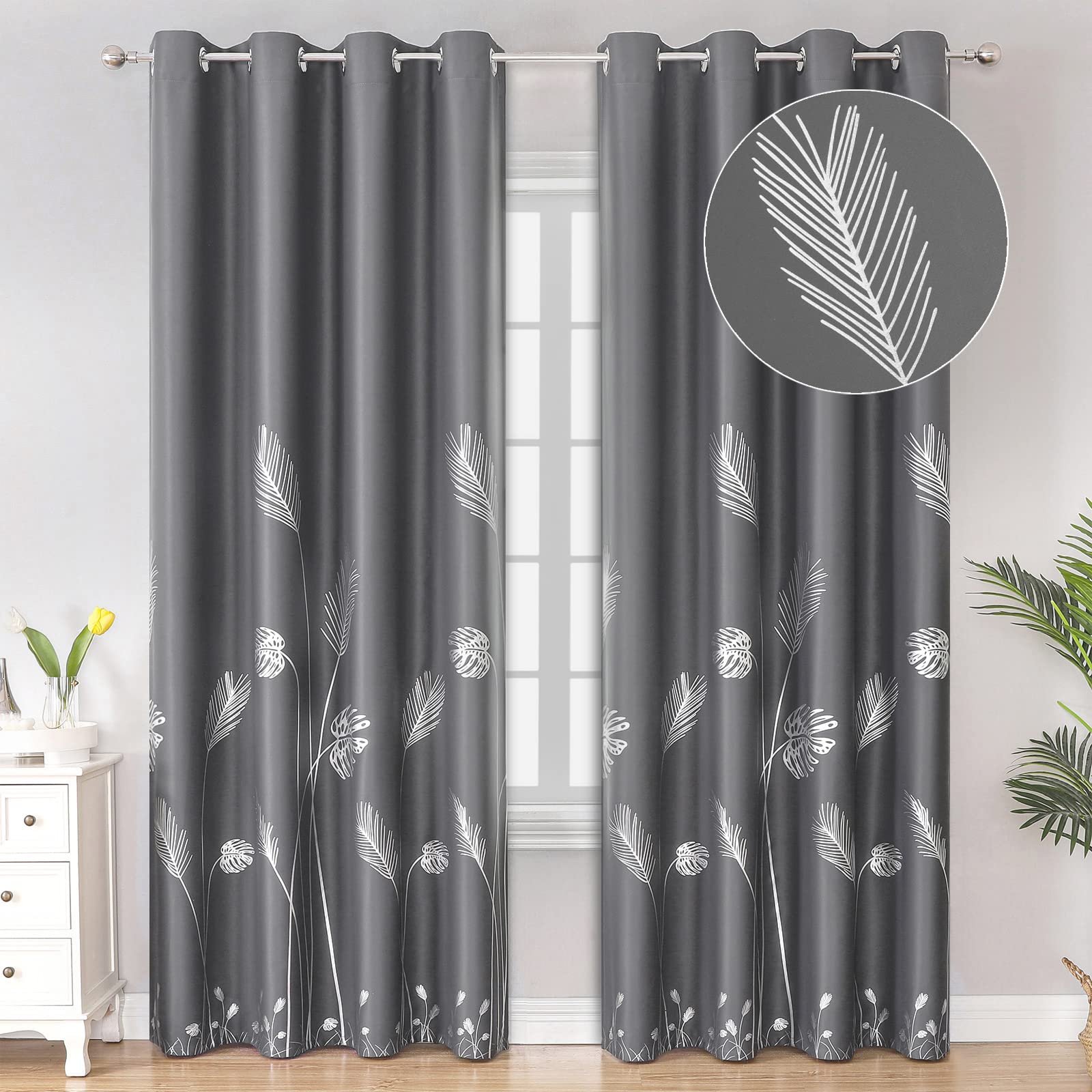Estelar Textiler Blackout Curtains For Living Room Silver Palm Tree Printed Thermal Insulated Room Darkening Curtains For Bedroo