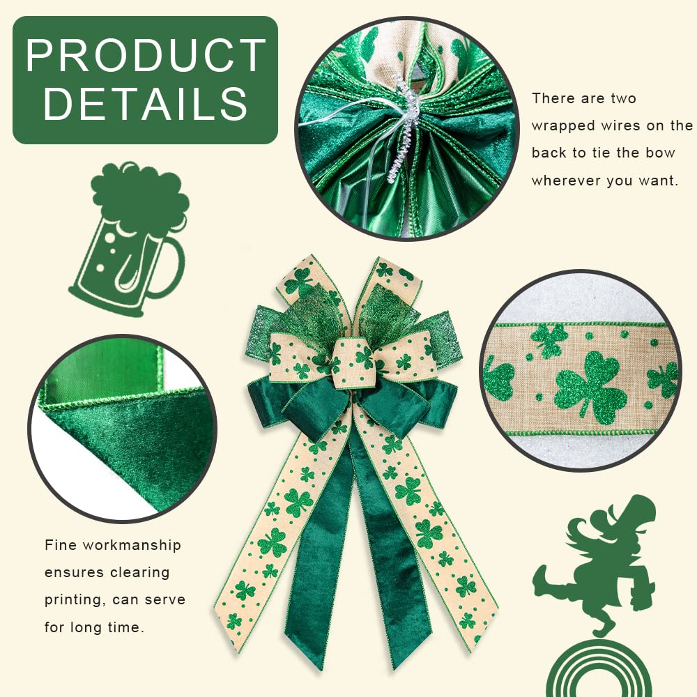 Large St. Patrick'S Day Wreath Bows, Green Glitter Bows For Wreath Shamrock Bows For Front Door, St. Patrick'S Day Ornaments Vel