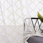 Sheer Curtains Gold 95 Inches Long, Rod Pocket Drapes For Living Room, Bedroom, Embroidered Moroccan Tile Lattice Design Semi Cr