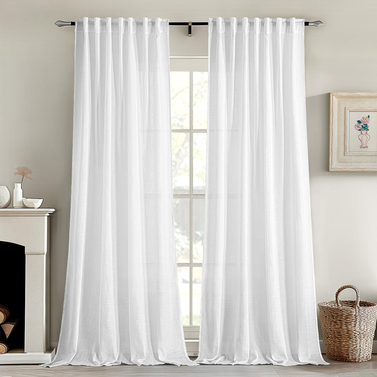 Miulee White Linen Curtains 120 Inches Long 2 Panels For Bedroom Living Room, Soft Thick Linen Textured Back Tab Window Drapes S