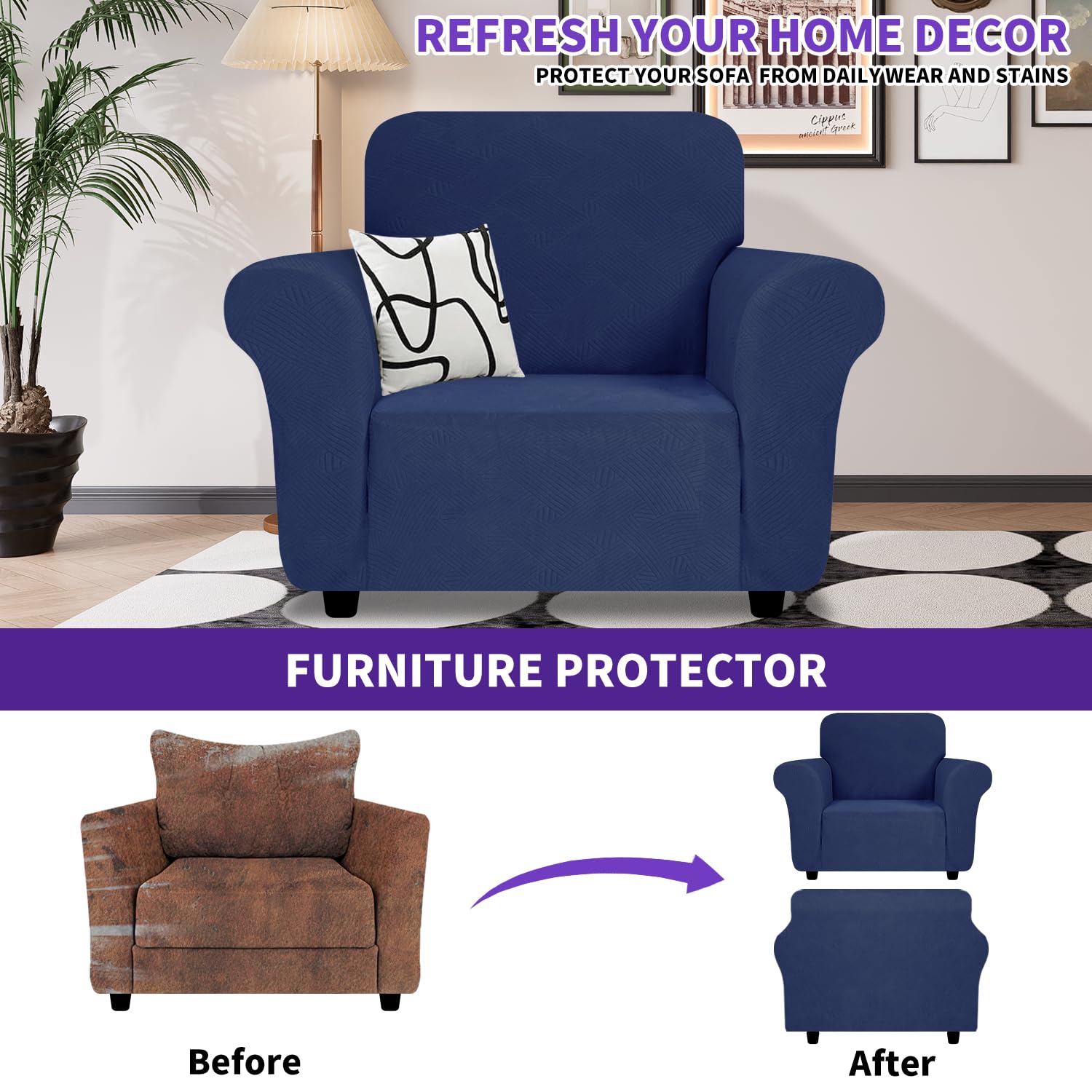 Znsayotx Super Stretch Chair Slipcover (31'-46'), New Striped Sofa Chair Covers For Living Room, Dogs Pet Friendly Anti-Slip Chair Protector Spandex Armchair Slipcovers (Navy Blue, Chair)