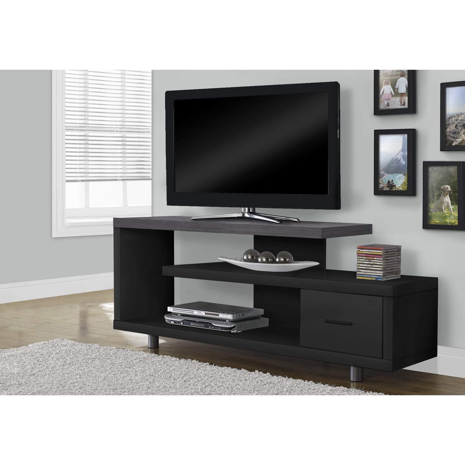 Monarch Specialties I STAND-60 L Grey TOP with 1 Drawer TV STAND, Black
