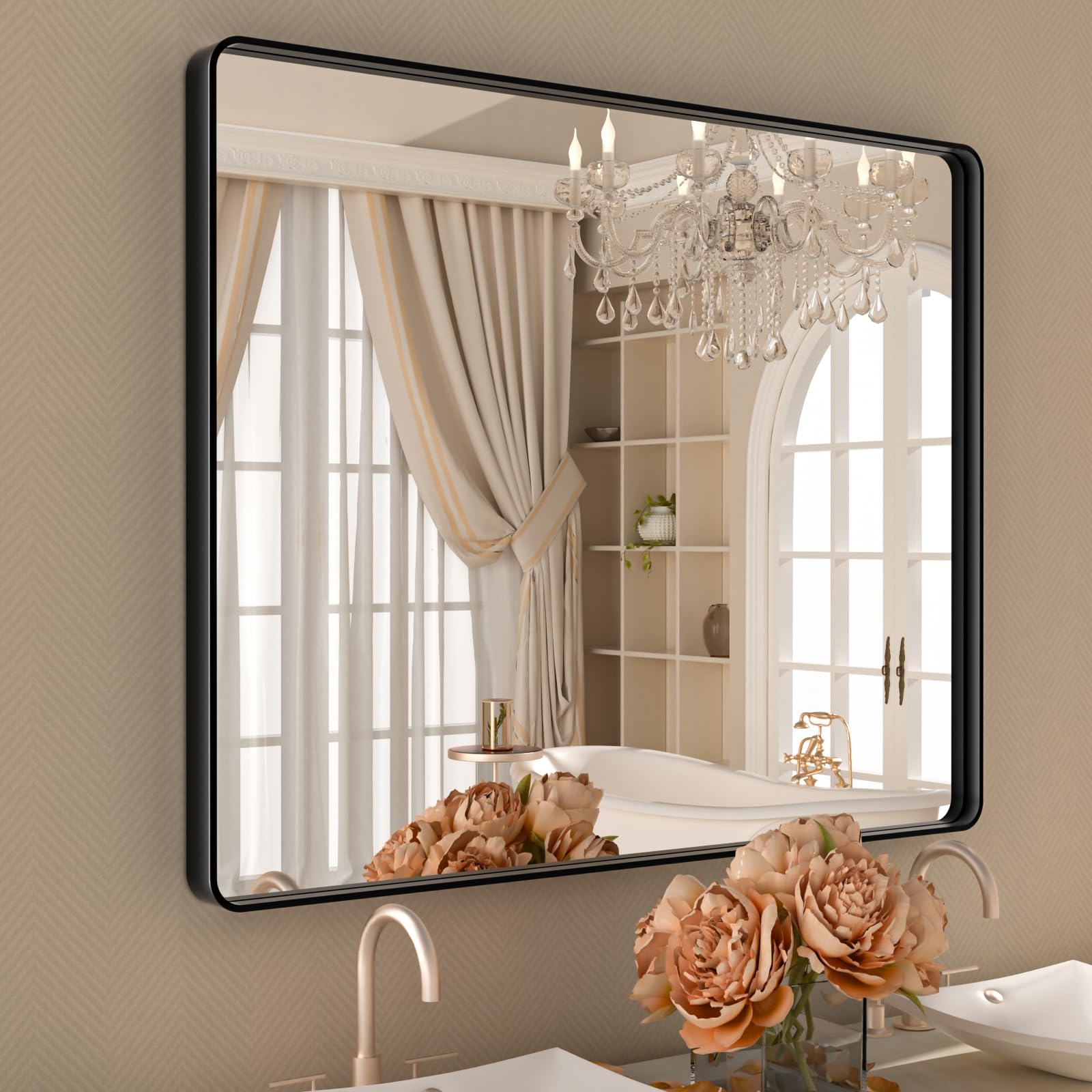 ISTRIPMF 40x36 Inch Black Bthroom Mirror,Black Metal Frame Vanity Mirror for Wall,Rounded Corner Rectangle Matte Black Mirror,Te