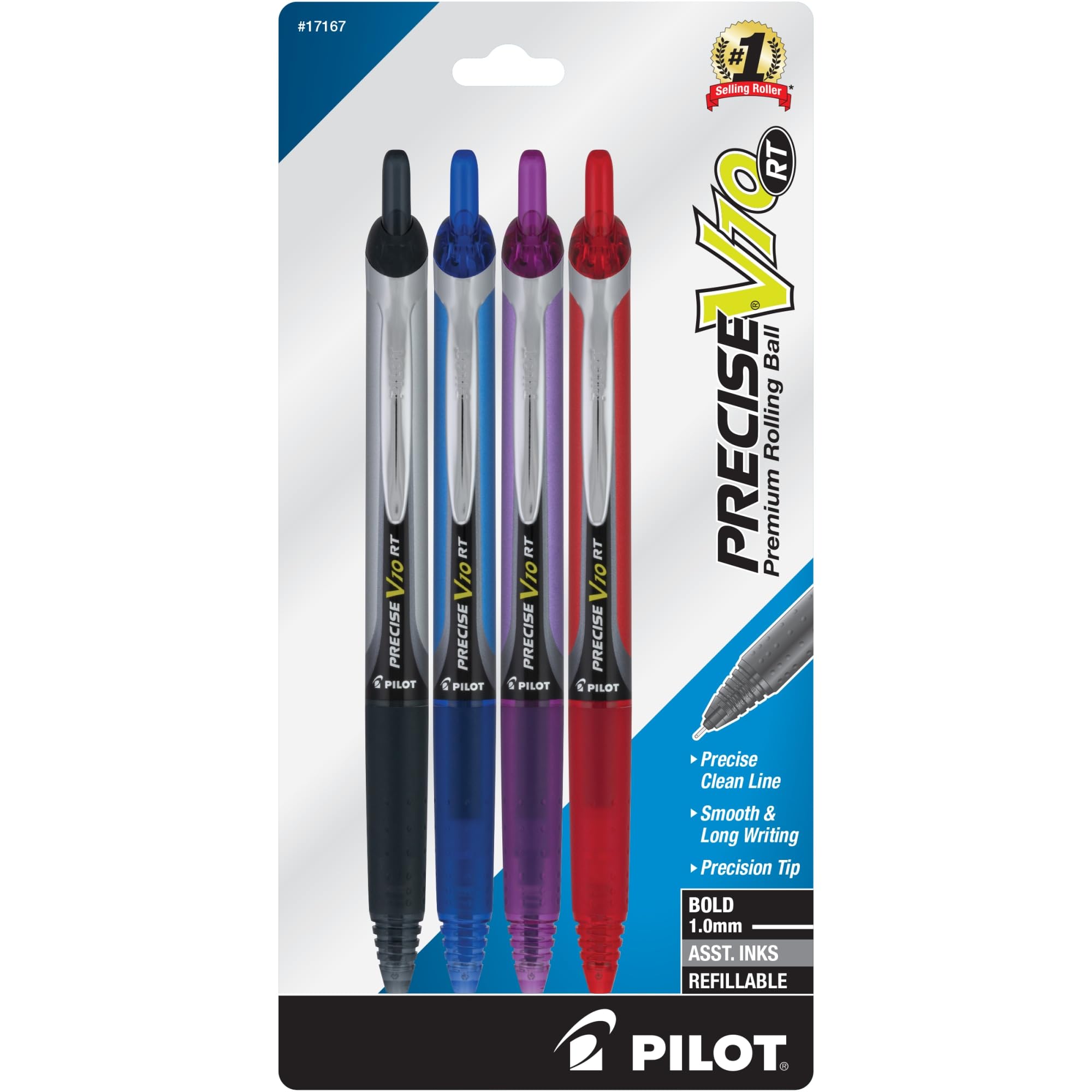 Pilot Precise V10 Retractable Rolling Ball Pens, Bold Point, 1.0 Mm, Assorted, Pack Of 4 Pens