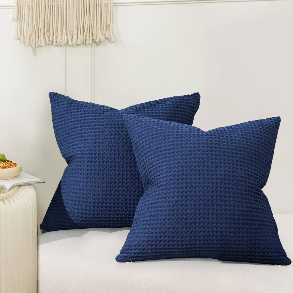 Phf 100% Cotton Waffle Weave Throw Pillow Cover, 22' X 22', No Insert, 2 Pack Square Pillowcases Shell, Elegant Home Decorative Throw Pillow Covers For Bed Couch Sofa, Navy Blue