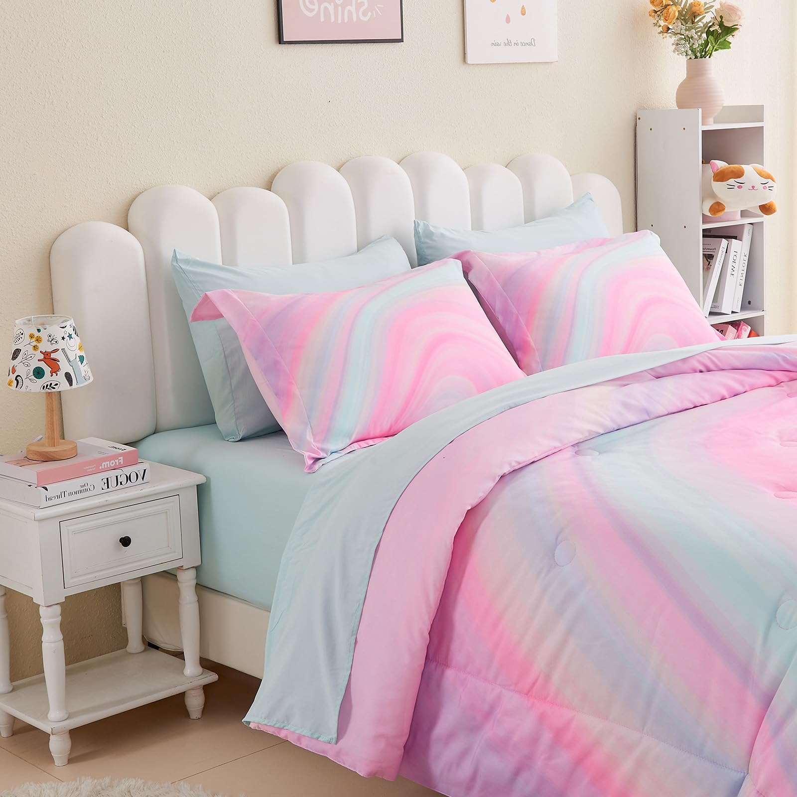 Wajade Girls Pink Comforter Set Bed In A Bag Queen Size 7 Piece 3D Colorful Tie Dye Pink Rainbow Bedding Set For Teens Girls (1