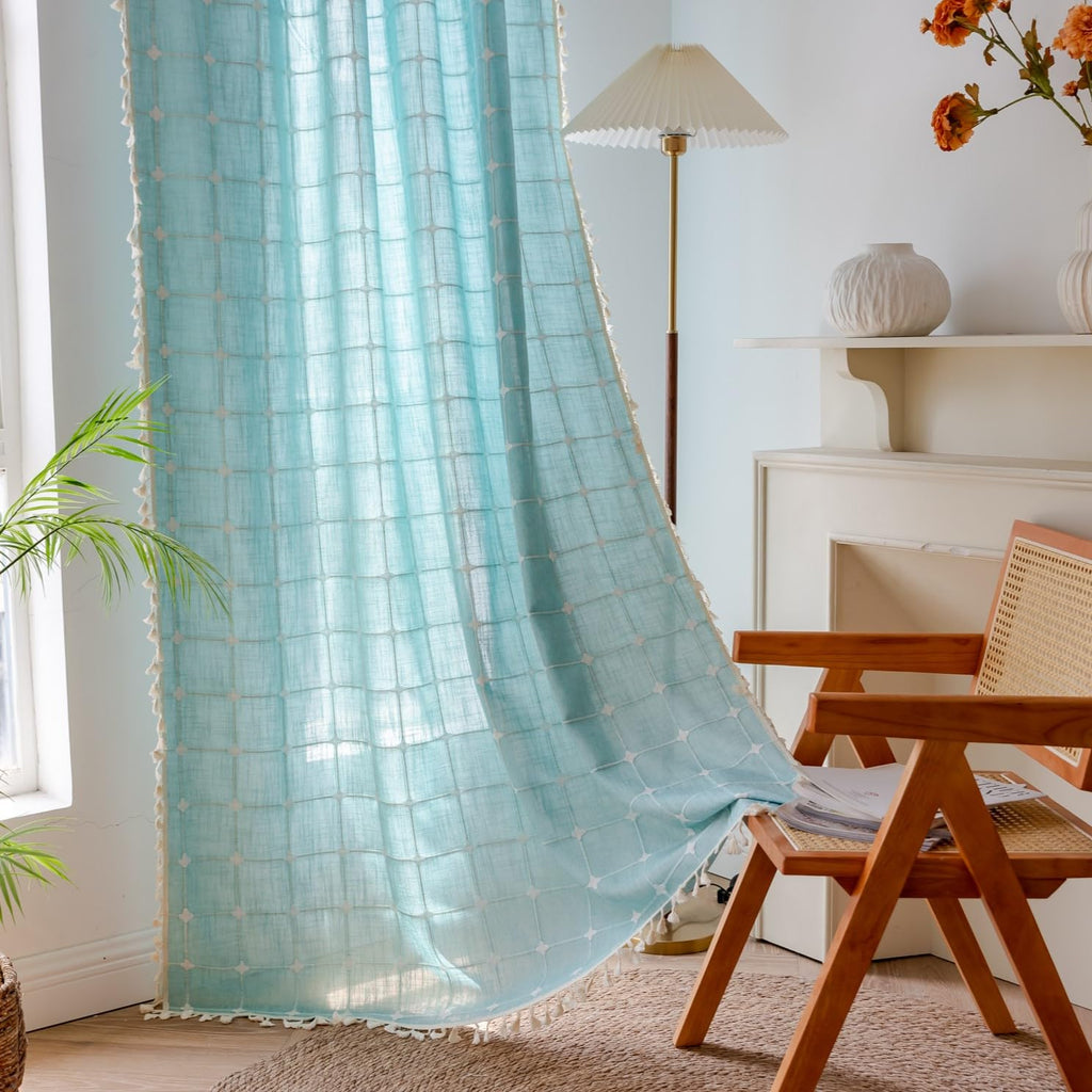 Sutuo Home Boho Curtain Plaids For Bedroom, Semi Blackout Linen Farmhouse Tassels Window Treatment Bohemian Embroidery Drape For Home Decor, Rod Pocket 1 Panel 52' W X 84' L, Aqua Blue