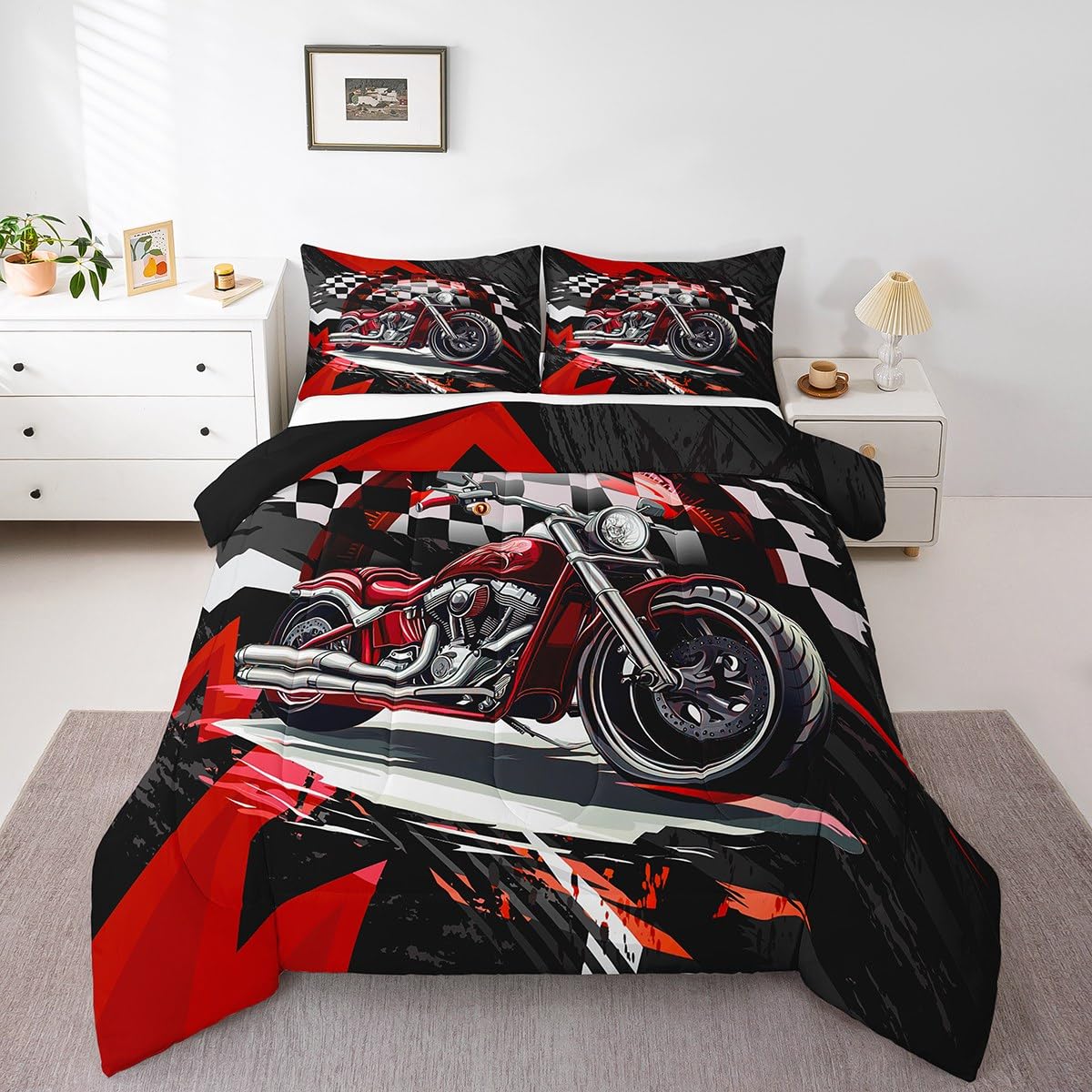 Feelyou Kids Red Dirt Bike Bedding Set Full Size, Racing Motocross Comforter Motorcycle Comforter Set Boys Girls Motorbike Teens