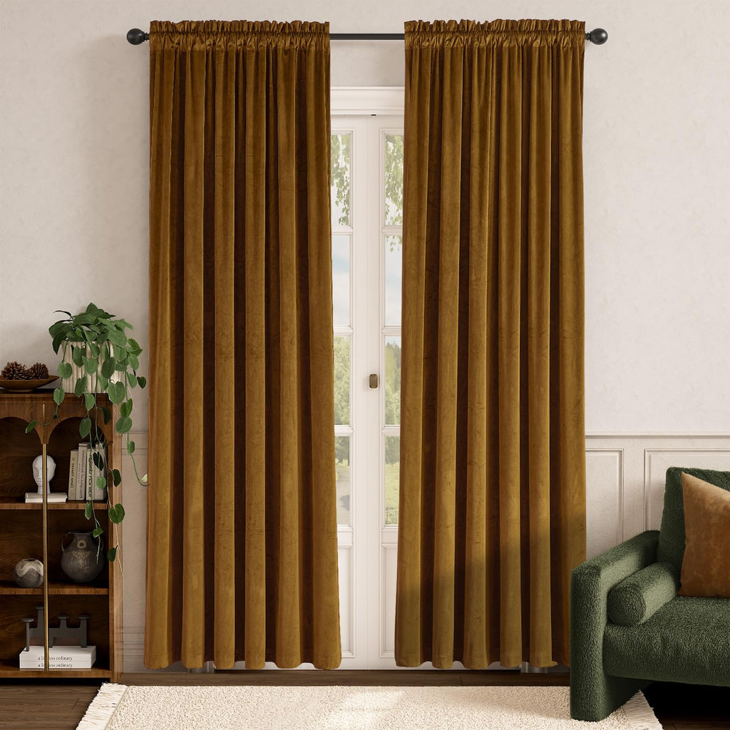 Lazzzy Velvet Curtains 84 Inch Length Glod Brown Thermal Insulated Curtains Drapes For Bedroom Living Room Darkening Rod Pocket 2 Panels, W62 X L84