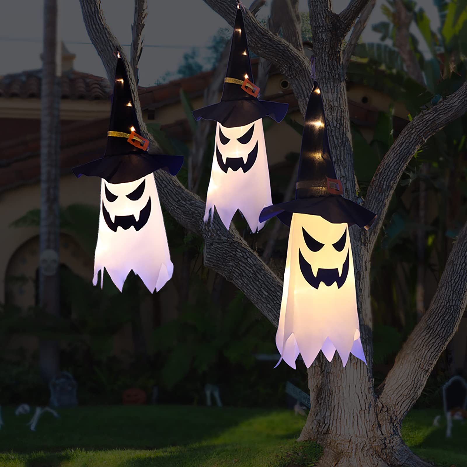 Halloween Decorations Outdoor Decor Hanging Lighted Glowing Ghost Witch Hat Halloween Decorations Indoor Outside Ornaments Clear