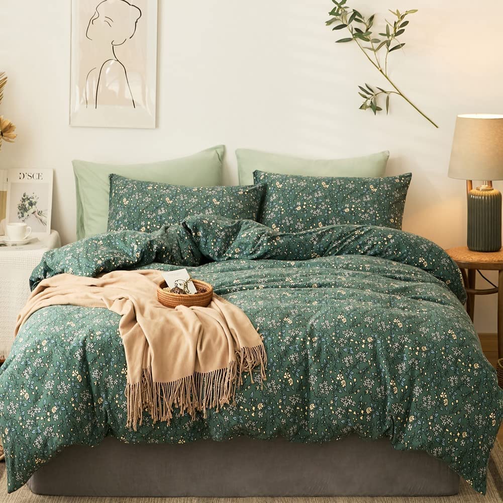 Eavd Vintage Style Floral Duvet Cover Twin Soft Jersey Knit Cotton Chic Floral Bedding Set For Girls Women Reversible Green Flor