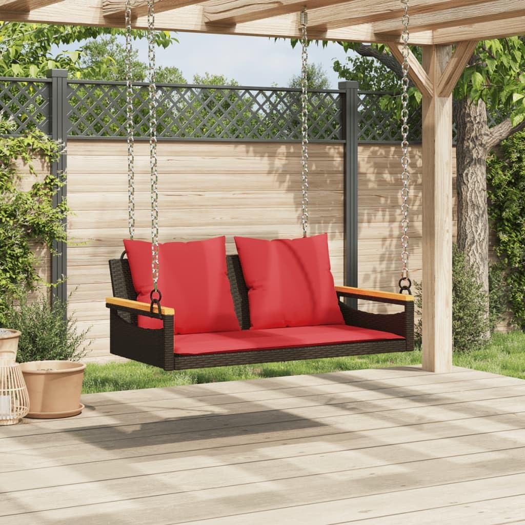 vidaXL Brown Poly Rattan Swing Bench - Comfortable Cushions, Weather-Resistant, 109x62x40 cm, Robust Steel and Acacia Wood Frame for Outdoor/Garden/Patio Use