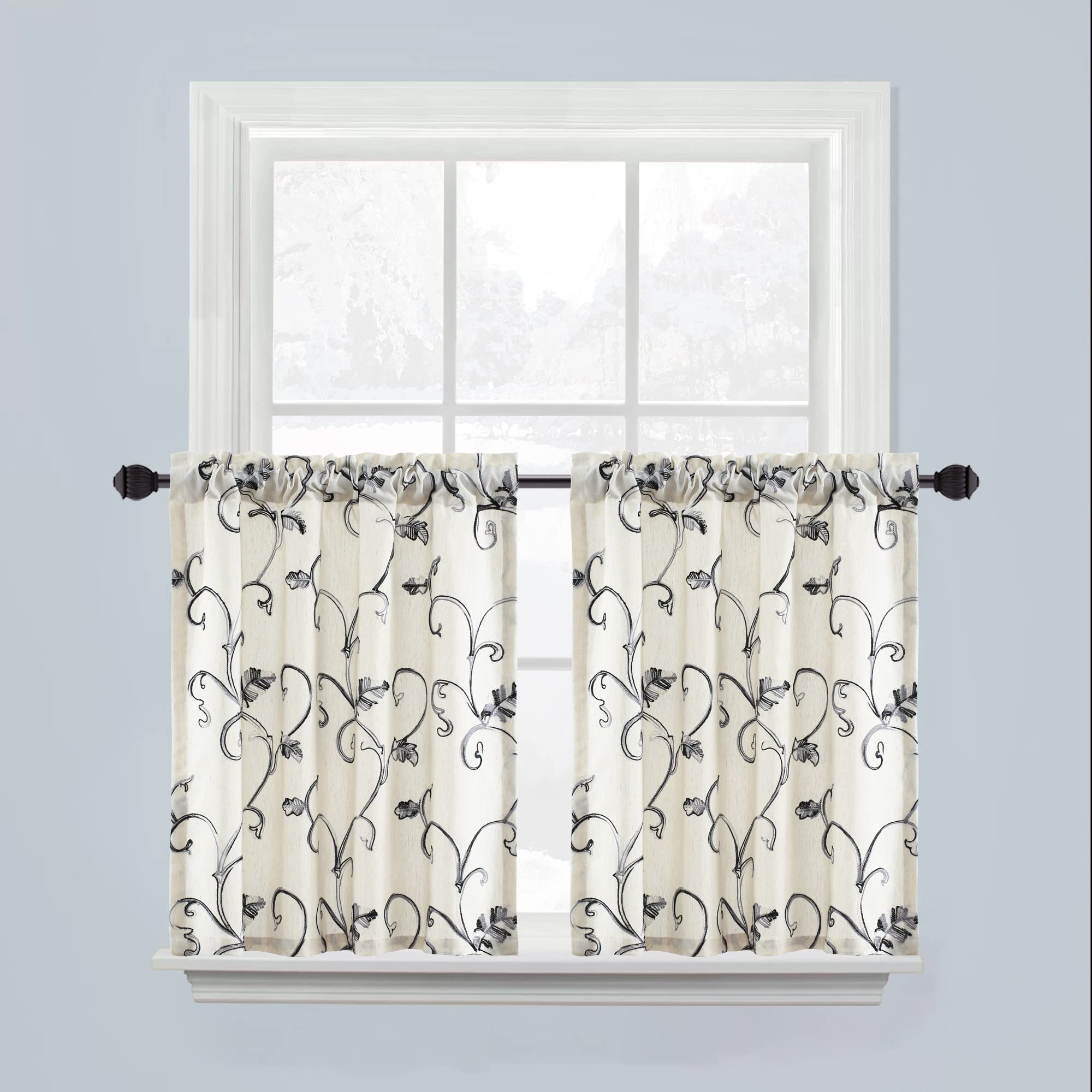 Vogol Kitchen Linen Tier Curtains, Rustic Country Vines Embroidered Cafe Curtains, Privacy Tiers 30 Inch Length, Small Window Cu
