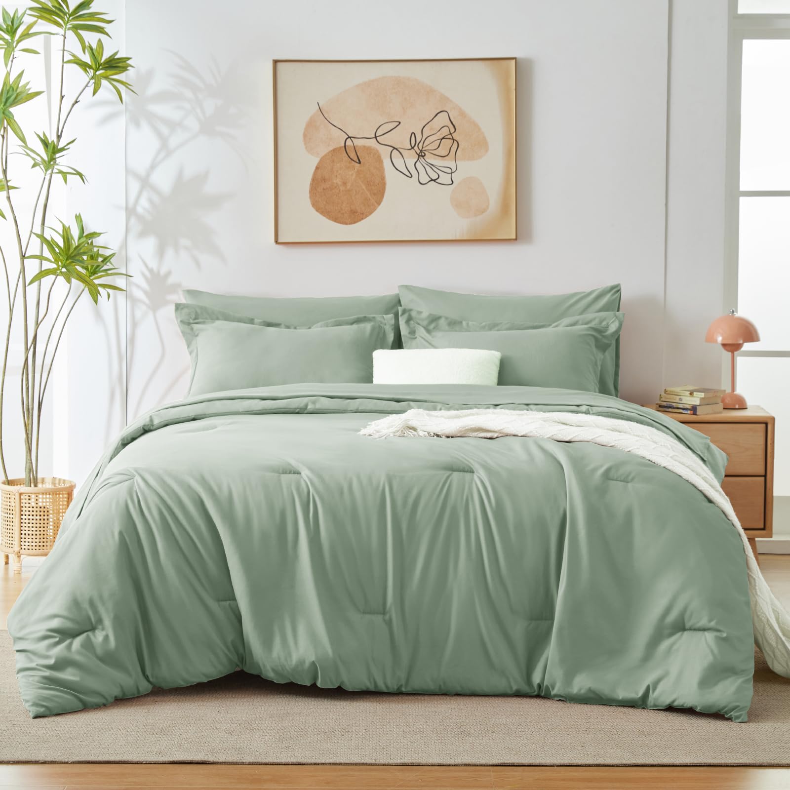 Cozylux King Comforter Set Sage Green, 7 Pieces Bed In A Bag, Bedding Comforter Set With Sheets, All Season Boho 7Pc Bed Sets With Comforter, Fitted Sheets, Flat Sheets, Pillow Shams And Pillowcases