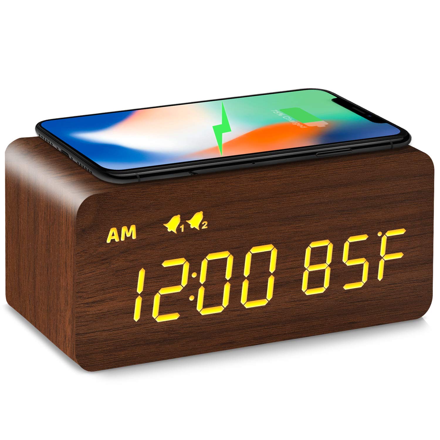 MOSITO Digital Wooden Alarm Clock with Wireless Charging, 0-100% Dimmer, Dual Alarm, Weekday/Weekend Mode, Snooze, Wood LED Cloc