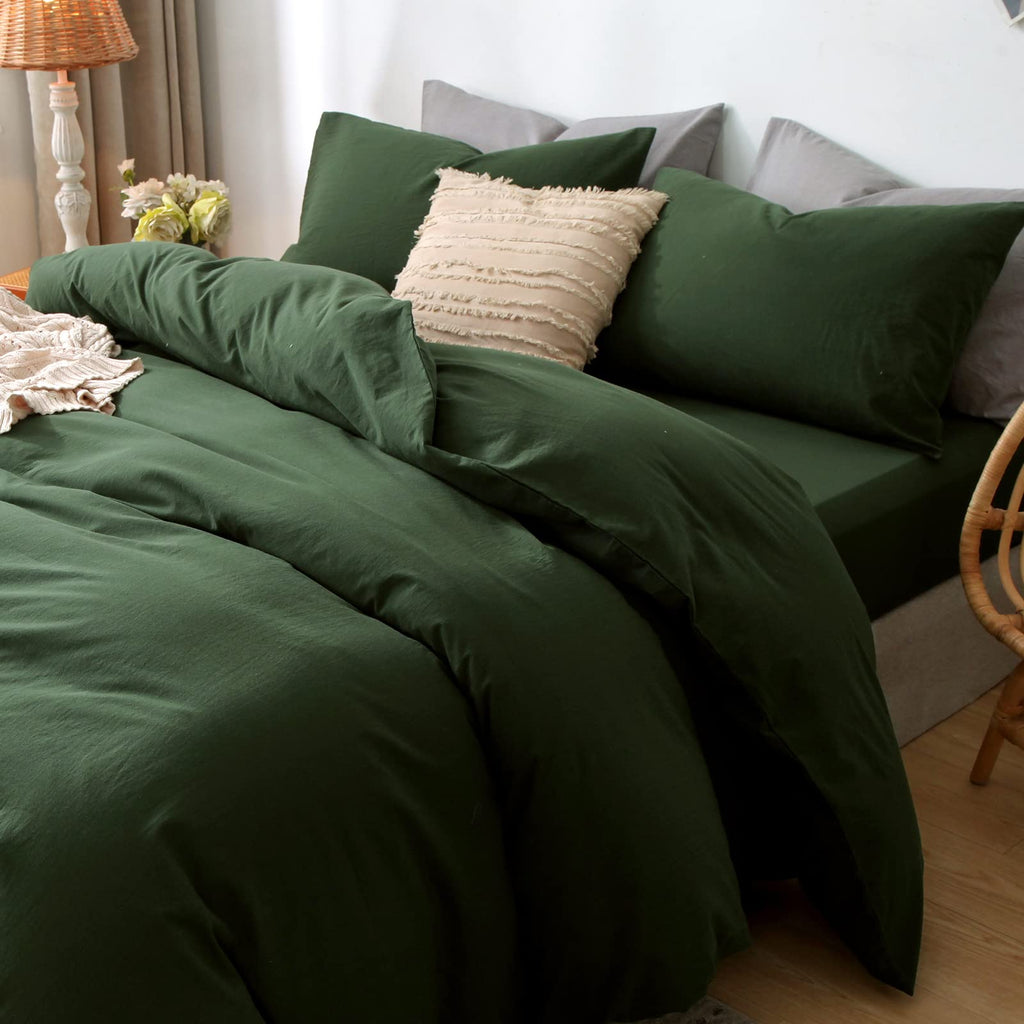 Moomee Bedding Pillowcases Pack Of 2 100% Washed Cotton Linen Like Textured Breathable Durable Soft Comfy (Forest Green, Standar