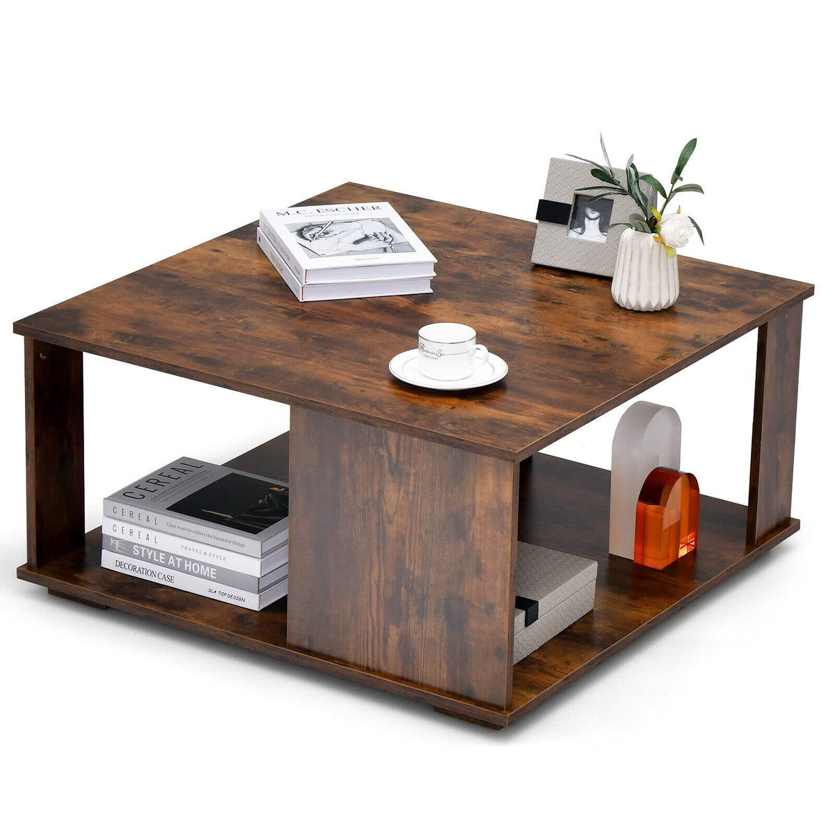 Giantex 32” Square Coffee Table, 2-Tier Wooden Table With Storage Shelf, Industrial Home Accent Table, Mid-Century Center Table Ideal For Living Room, Study Room(Rustic Brown)