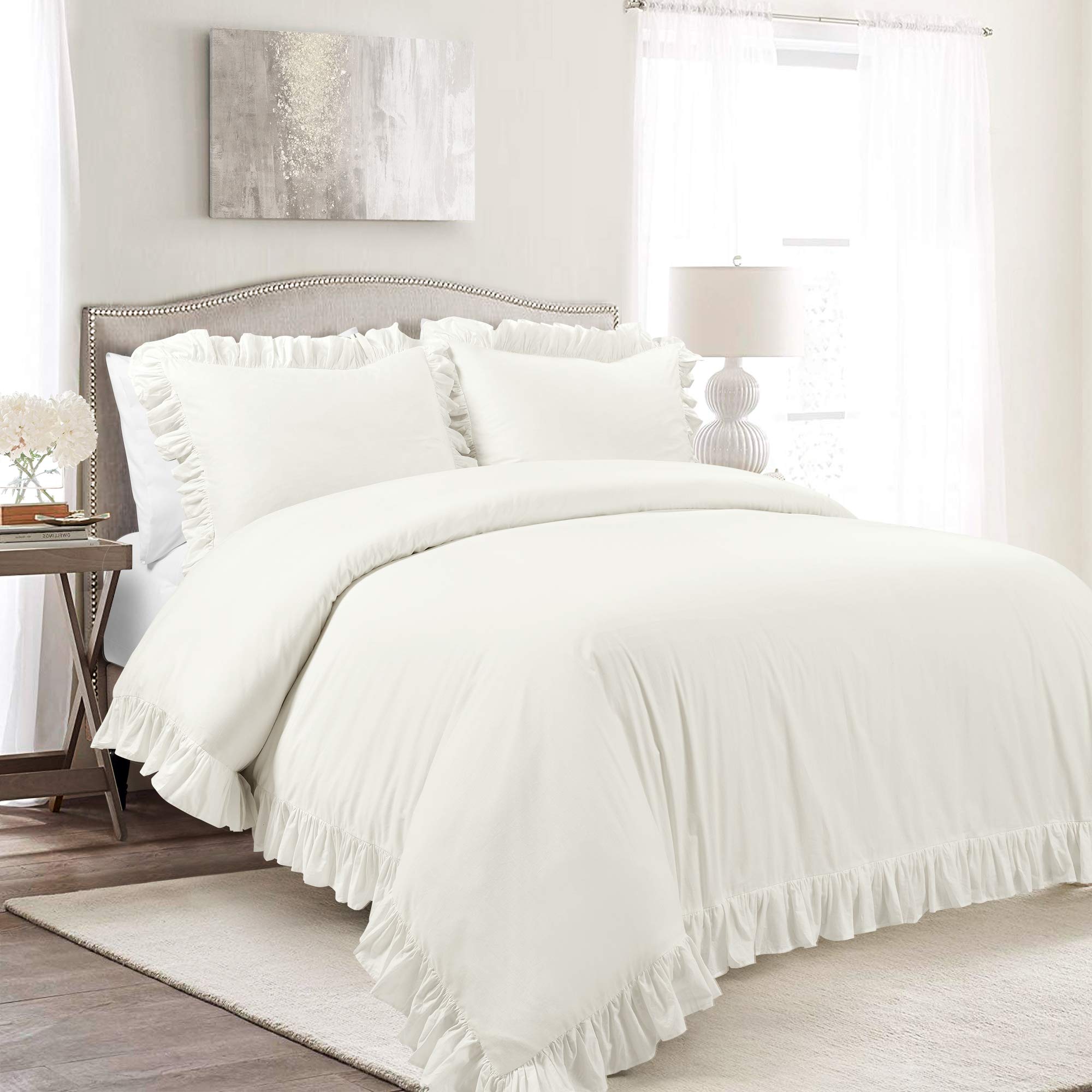 Lush Decor Reyna Ruffle 100% Cotton Duvet Cover Set - 3 Piece Cozy Ruffled Bedding Set - Timeless Elegance And Comfort - King, W