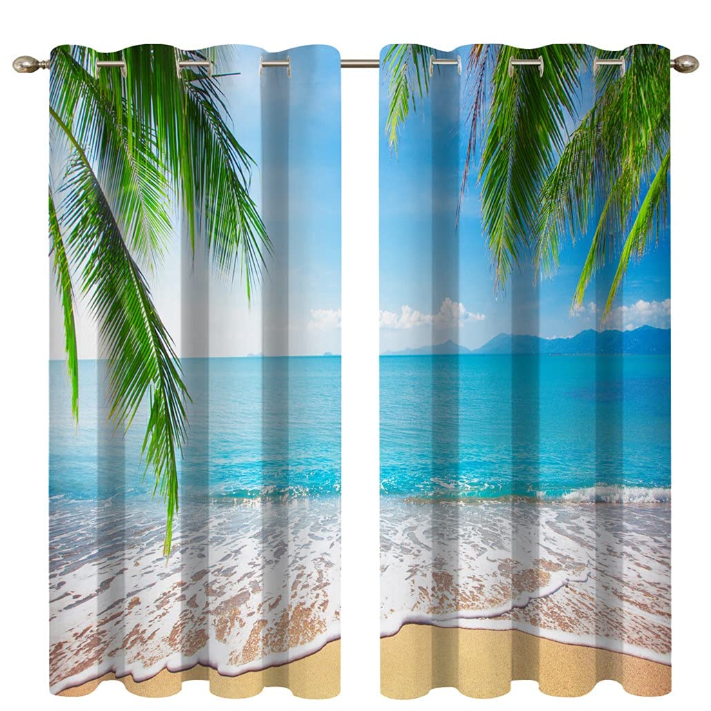 Mimihome Beach Curtains, Tropical Palm Ocean Blackout Curtains 84 inches Long 2 Panels for Bedroom Living Room Nursery, 52 x 84,