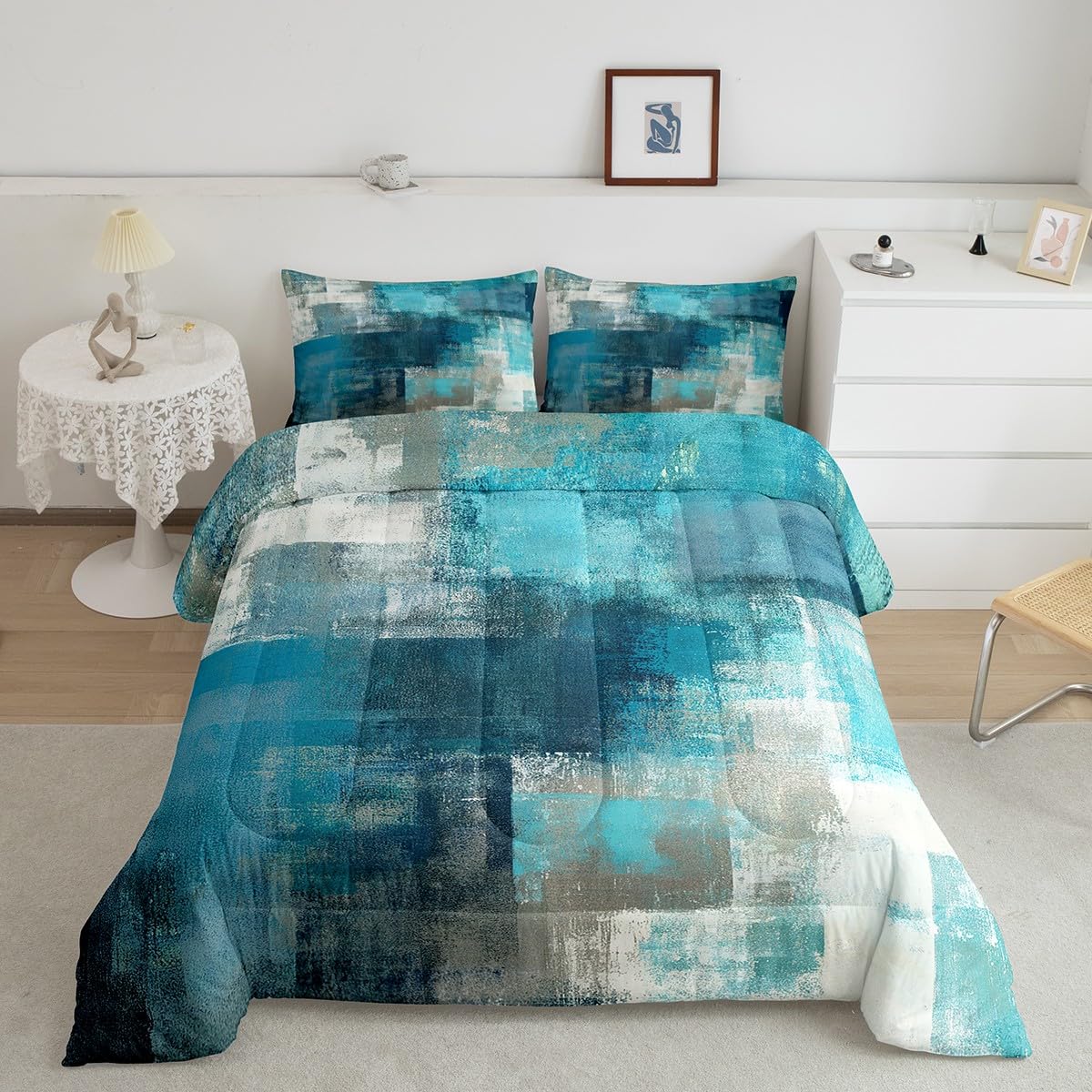 Teal Comforter Set For Kids Teens Youth,Retro Tie Dyed Duvet Insert Lightweight,Grunge Turquoise And Grey Watercolor Bedding Set