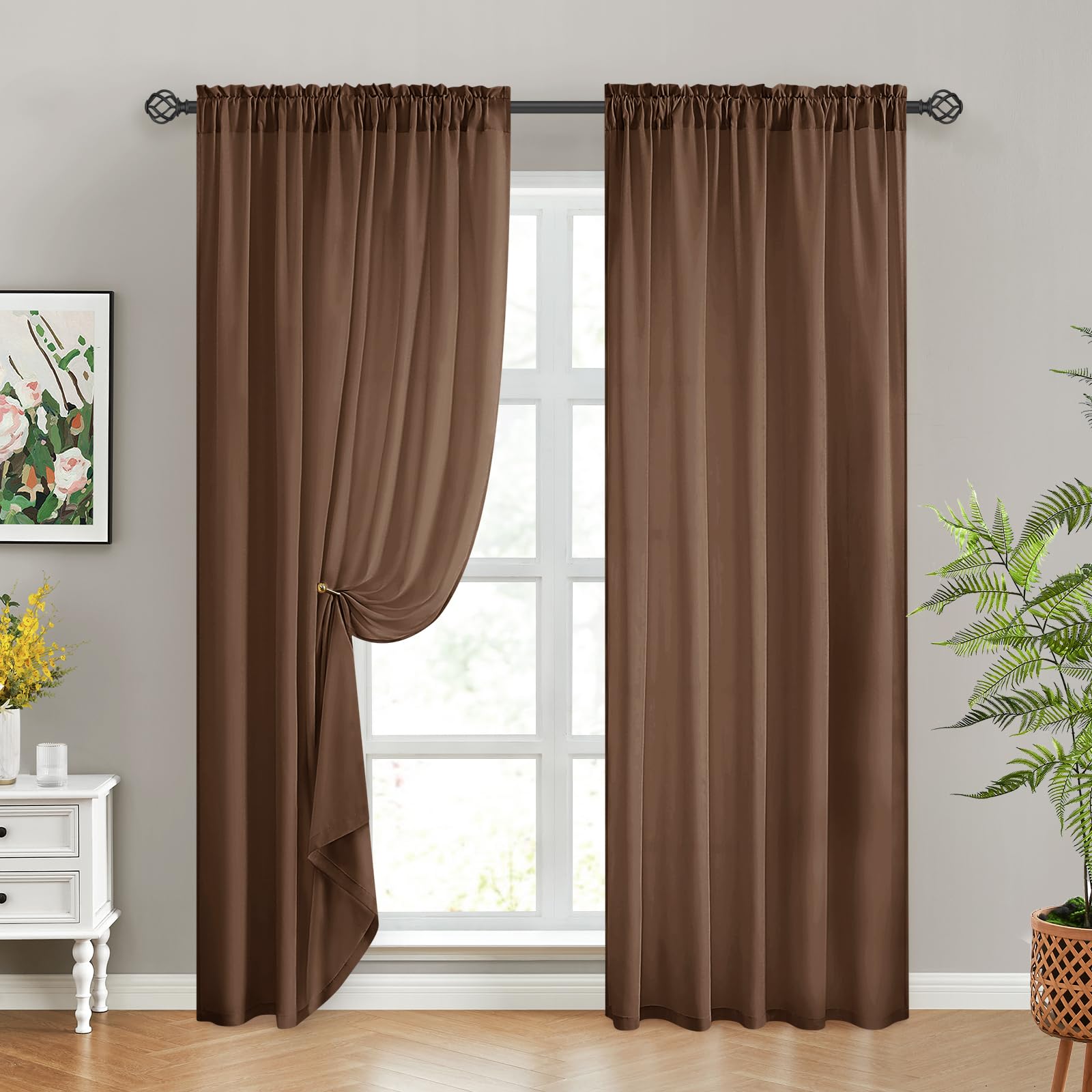 Homeideas Non-See-Through Brown Privacy Sheer Curtains 52 X 84 Inches Long 2 Panels Sheer Curtains Light Filtering Window Curtains Drapes For Bedroom Living Room