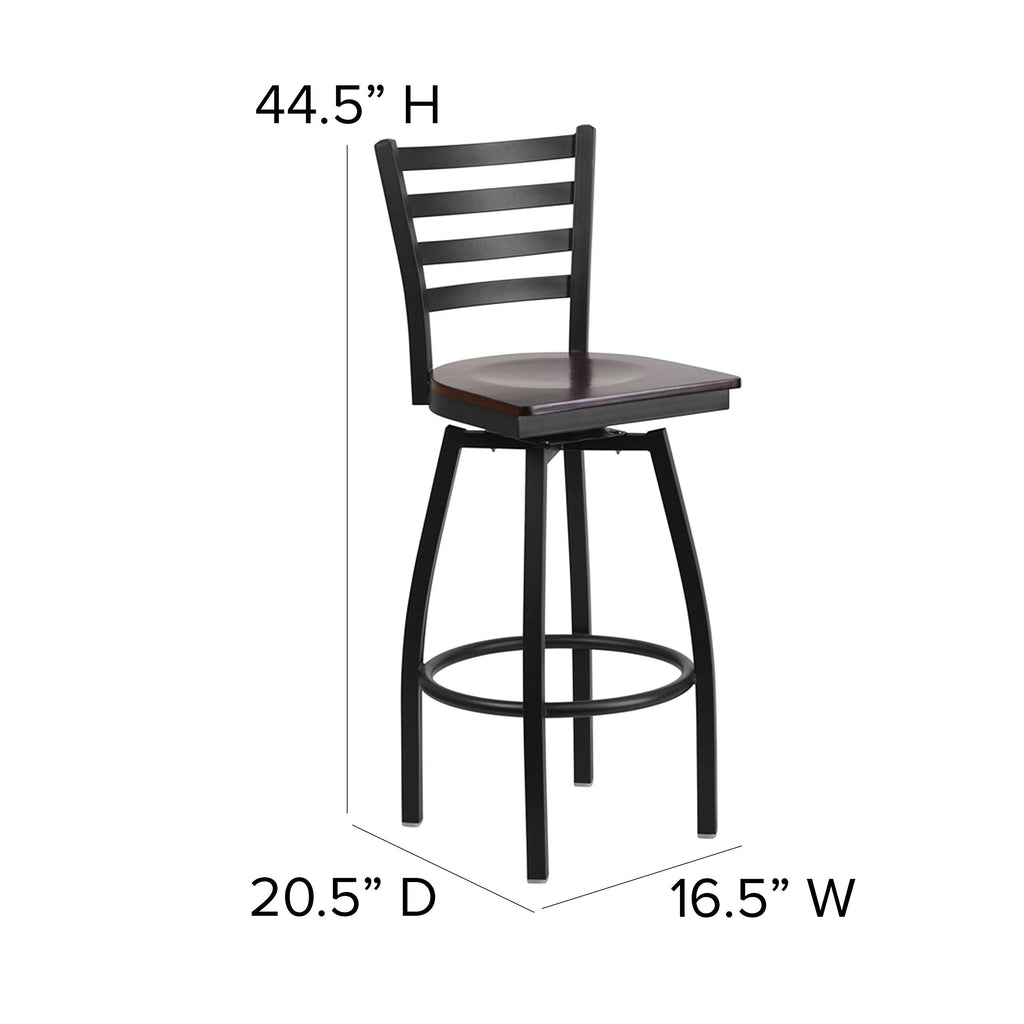 Flash Furniture HERCULES Series Black Ladder Back Swivel Metal Barstool - Walnut Wood Seat