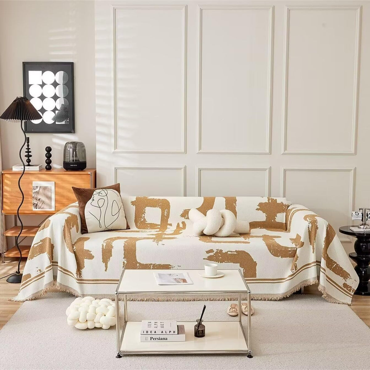 VClife Boho Couch Covers Modern Khaki White Stripe Jacquard Sofa Slipcover for 3 Cushion Couch Sofa Cooling Non Slip Chenille So