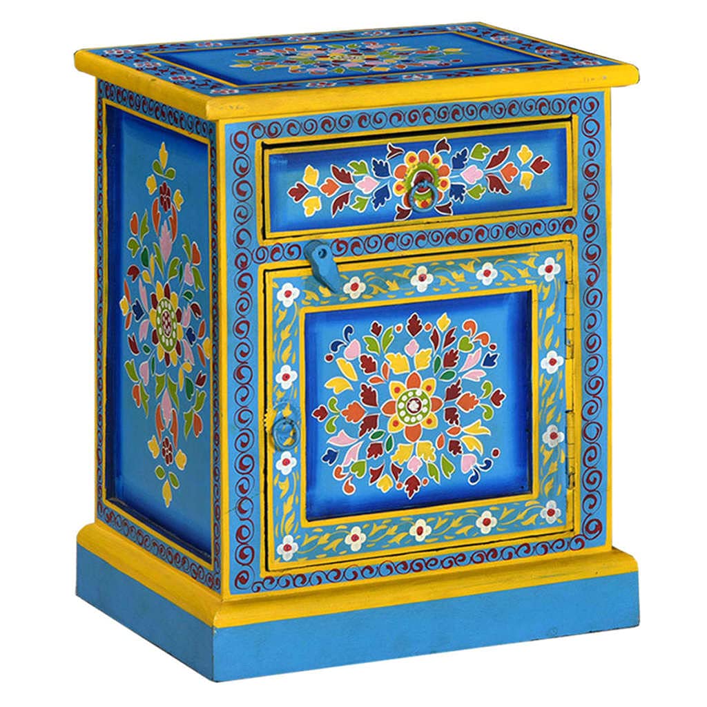 vidaXL Handmade Solid Mango Wood Bedside Cabinet with Hand-Painted Turquoise Details - Retro-Style Nightstand with Drawer and Cabinet