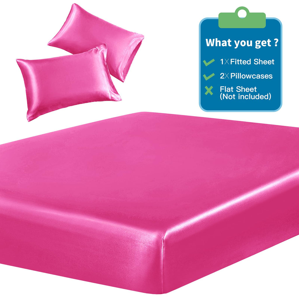 Siinvdabzx 3-Piece Set Satin Full Fitted Sheet & 2 Pillowcase, Hot Pink Silky Soft Fitted Bottom Sheet, Wrinkle Free, Fade Resis