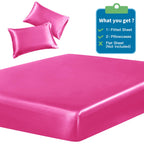 Siinvdabzx 3-Piece Set Satin Full Fitted Sheet & 2 Pillowcase, Hot Pink Silky Soft Fitted Bottom Sheet, Wrinkle Free, Fade Resis