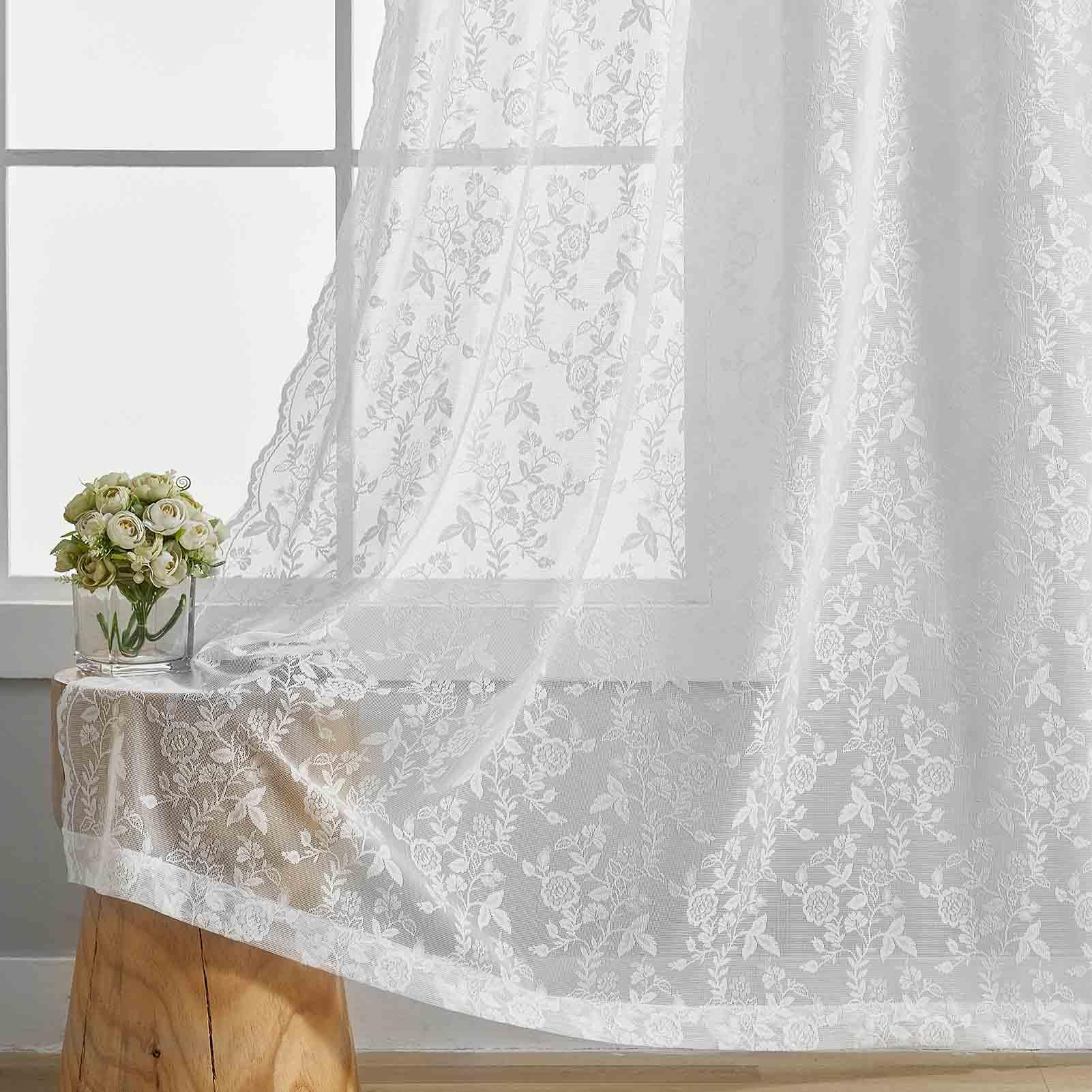 Finecity White Lace Curtains 54 Inch Length For Bedroom - Country Rustic Branch Floral Pattern Lace Sheer Curtains 2 Panels Set,