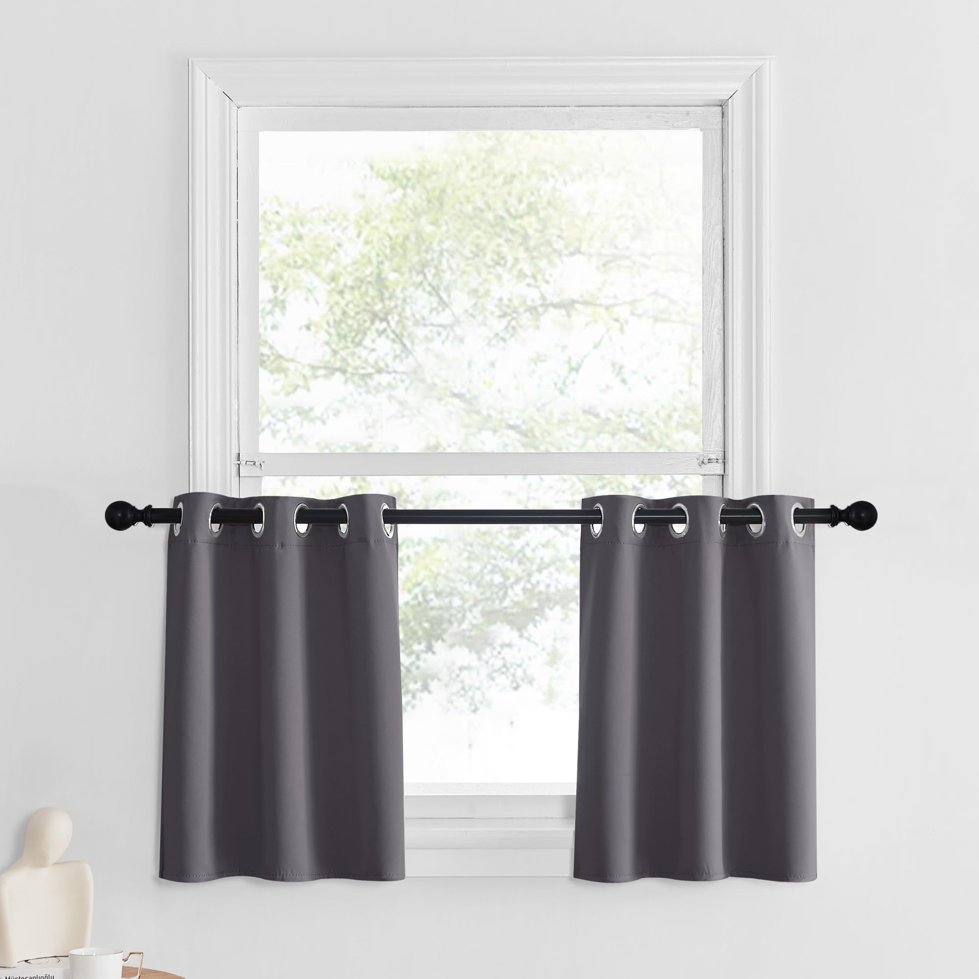 Nicetown Kitchen Blackout Window Treatment - Thermal Insulated Valance Home Decor Blackout Grommet Tier Curtains Drapes For Small Window (42W By 24L 1.2 Inches Header, Grey, 1 Pair)