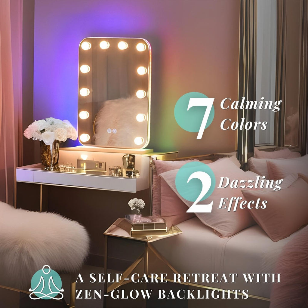 LUXFURNI Vanity Mirror with Lights, Lighted Makeup Mirror, RGB Color Changing LED, 14 Dimmable Bulbs, Glass, Rgb, 20.3" x 14"