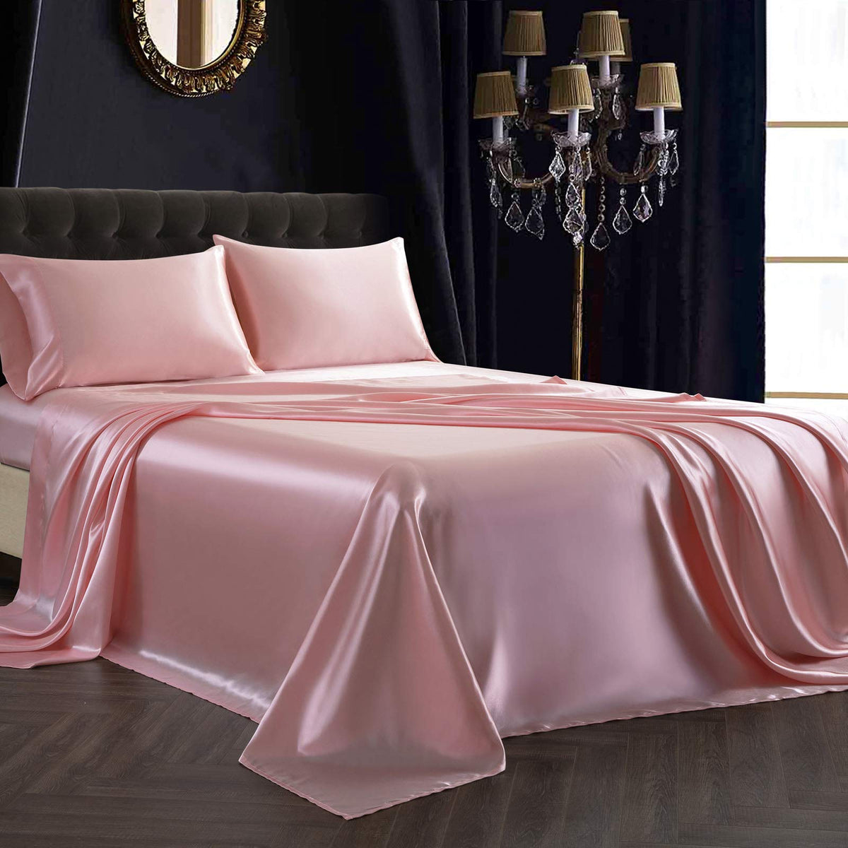Siinvdabzx 4Pcs Satin Sheet Set King Size Ultra Silky Soft Blush Pink Satin King Bed Sheets With Deep Pocket, 1 Fitted Sheet, 1