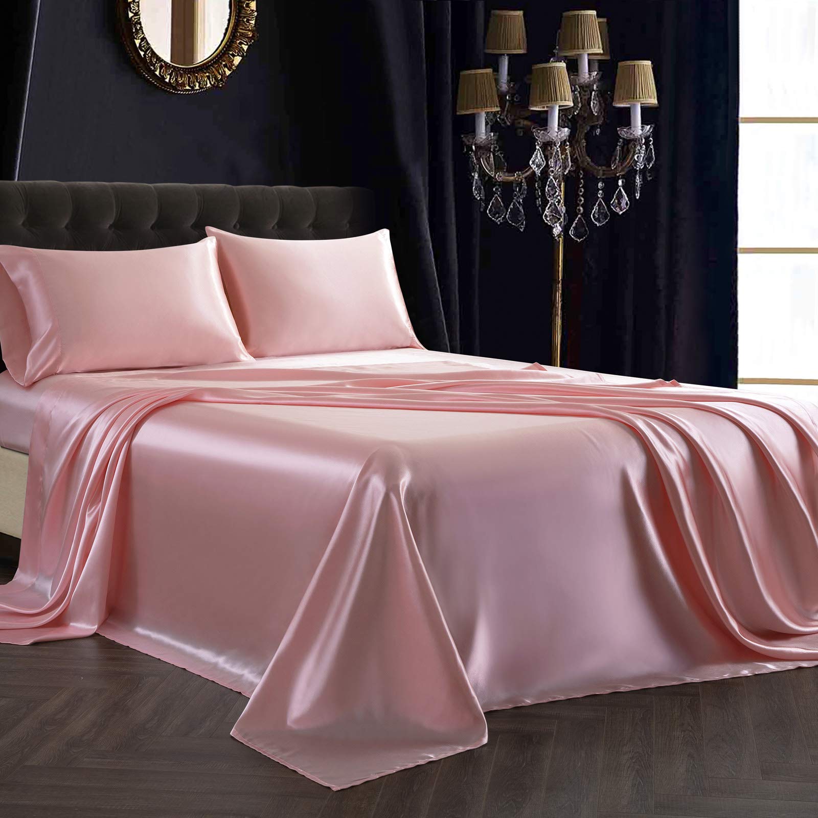 Siinvdabzx 4Pcs Satin Sheet Set King Size Ultra Silky Soft Blush Pink Satin King Bed Sheets With Deep Pocket, 1 Fitted Sheet, 1