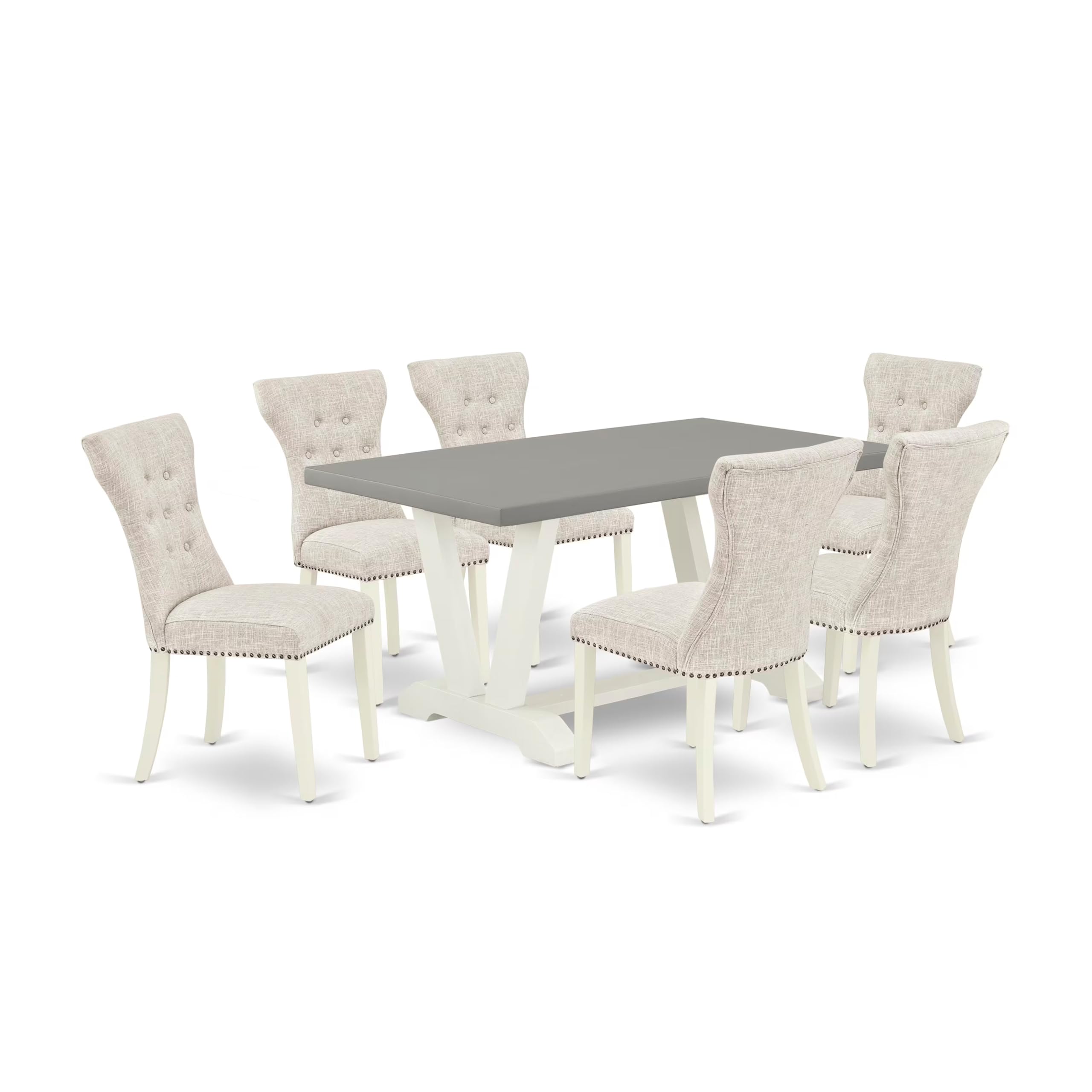 East West Furniture V096Ga235-7 7 Piece Dining Table Set Consist Of A Rectangle Dining Room Table With V-Legs And 6 Doeskin Linen Fabric Upholstered Chairs, 36X60 Inch, Multi-Color