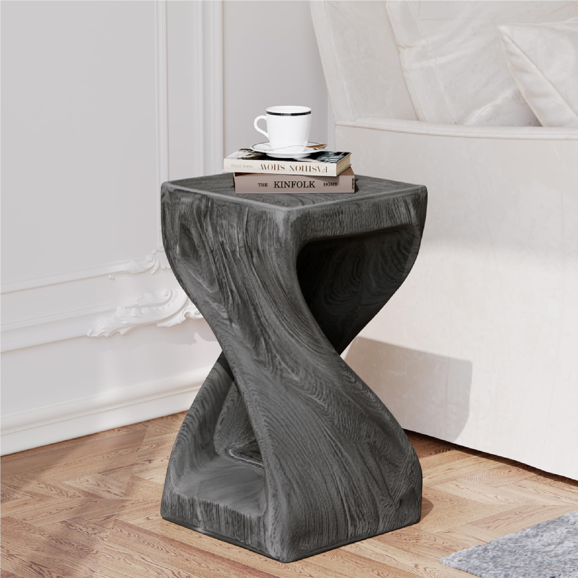 SUNBURY Outdoor Side Table, Big Twist Shape Accent Table, 20 H Patio Concrete End Table, Faux Wooden Garden Stool Log for Patio 