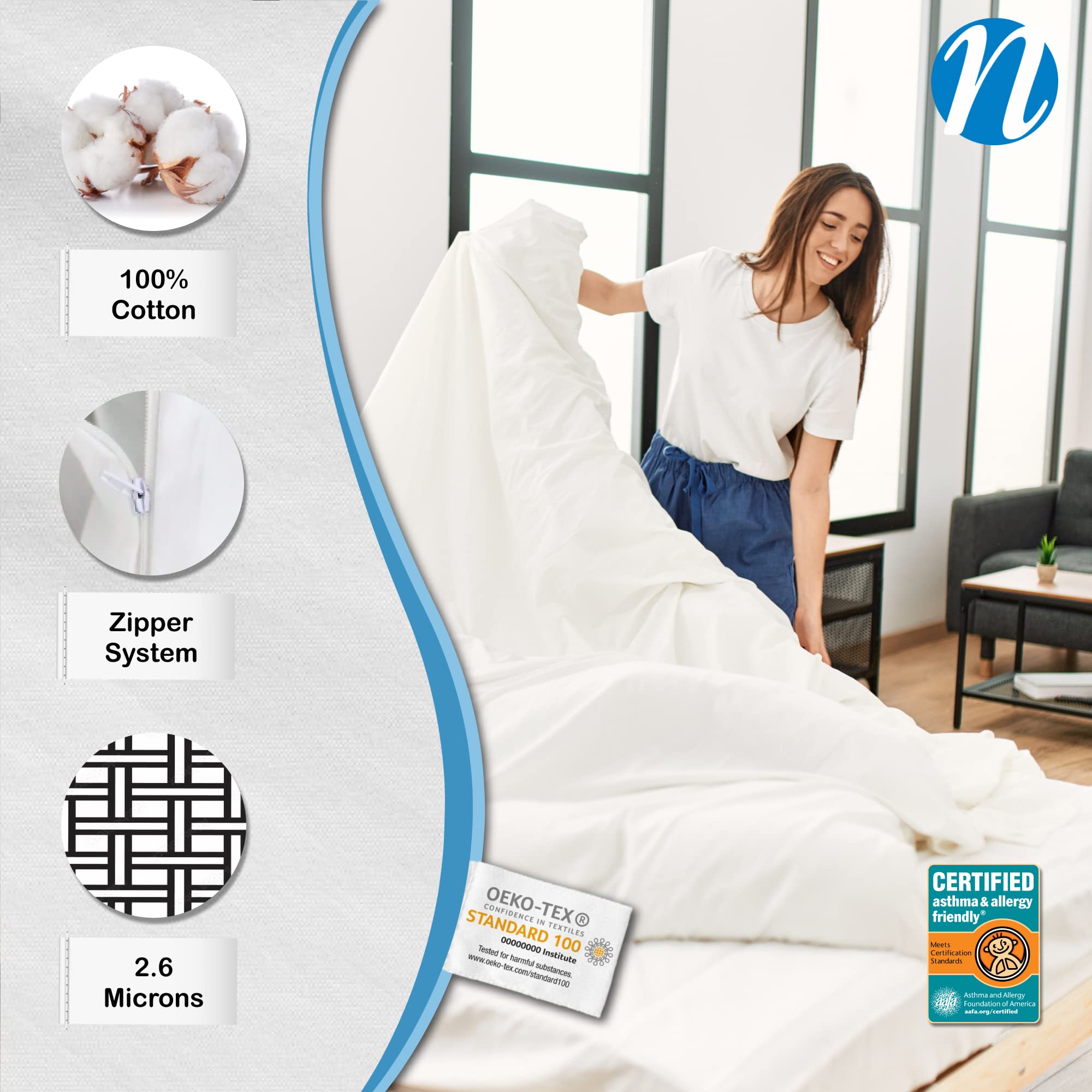 National Allergy Premium 100% Cotton Duvet Comforter Protector - Jumbo Queen Size - 96'' X 92'' - White - Breathable 300 Thread