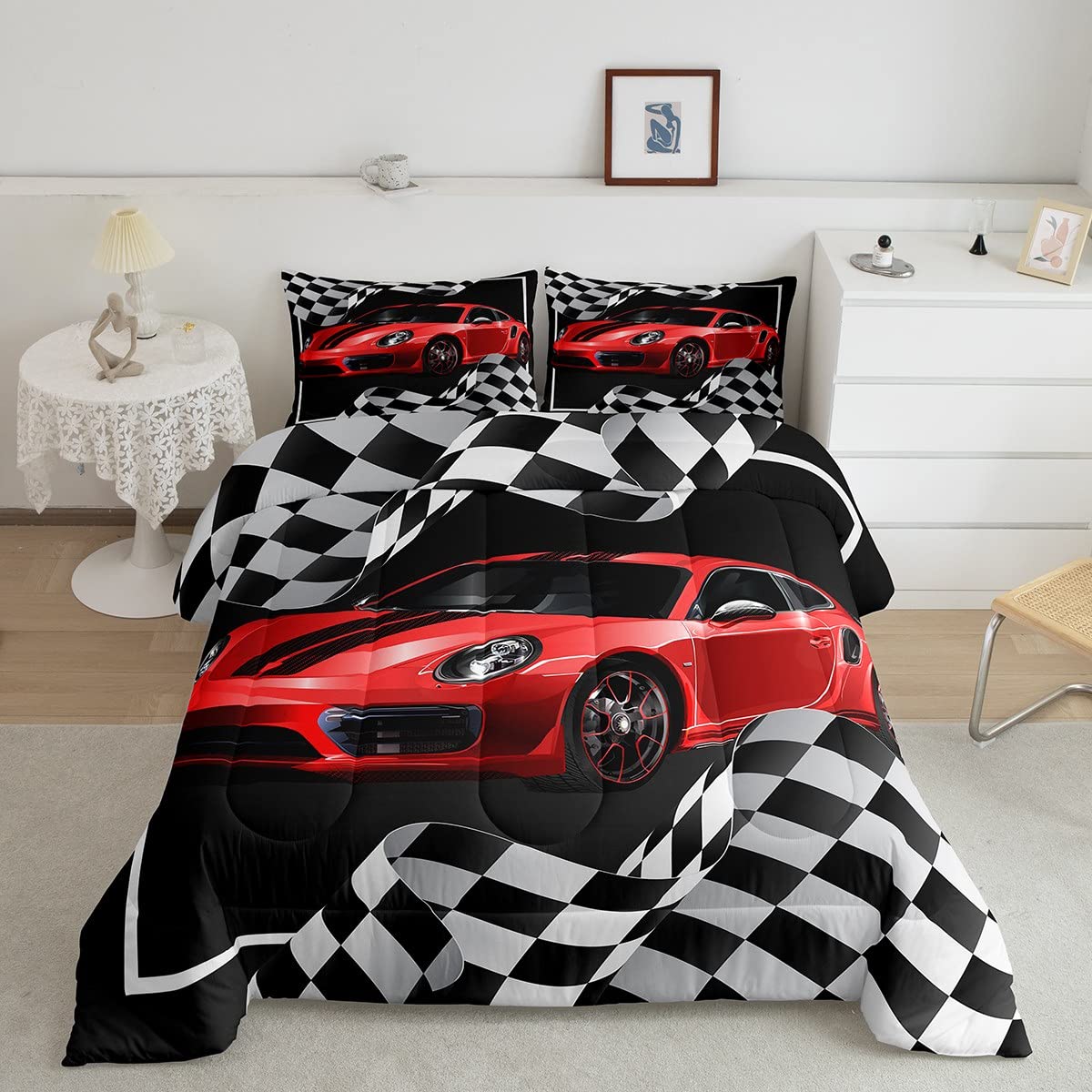 Red Race Car Comforter Set Queen Size, Black White Plaids Geometric Bedding Set 3Pcs For Kids Teens Boys Men Room Decor,Extreme