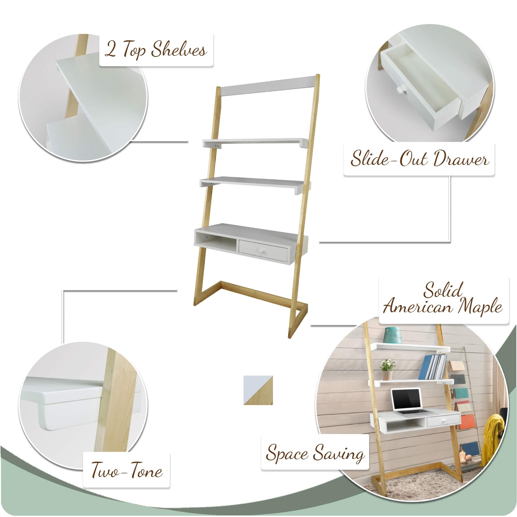 American Trails Freestanding Ladder Desk With Drawer, Natural Maple/White