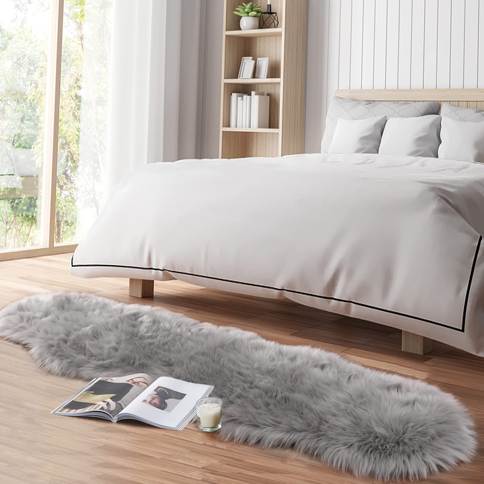 Faux Fur Rug For Bedroom, Gray Fluffy Rug Soft Sheepskin Runner Rug Sofa Couch Seat Cushion, 2X6Ft Grey Plush Area Rug Shag Rugs